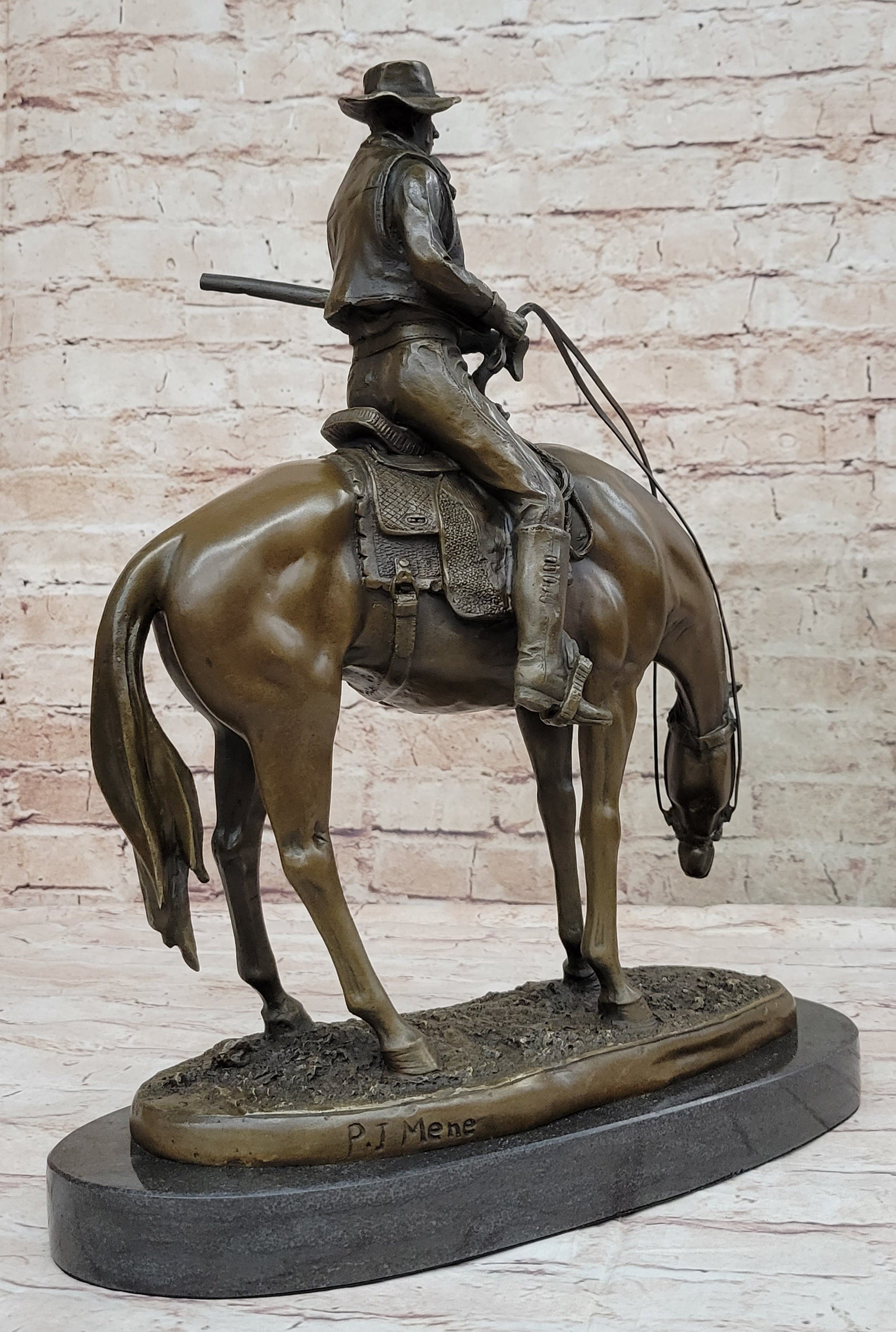 Western Cowboy on Horseback w/ Shotgun Bronze Sculpture Statue 16" x 14"