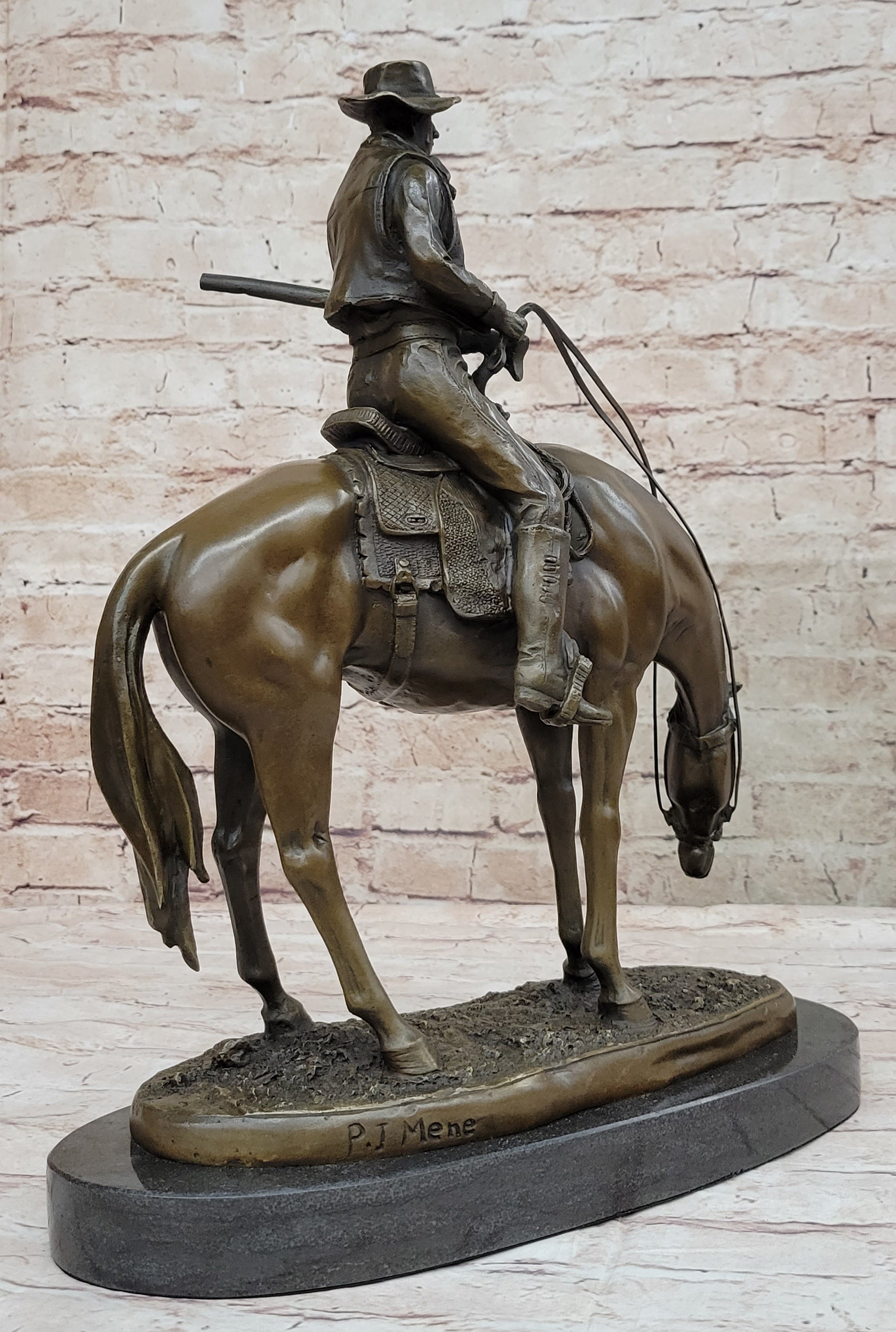 Western Cowboy on Horseback w/ Shotgun Bronze Sculpture Statue 16" x 14"