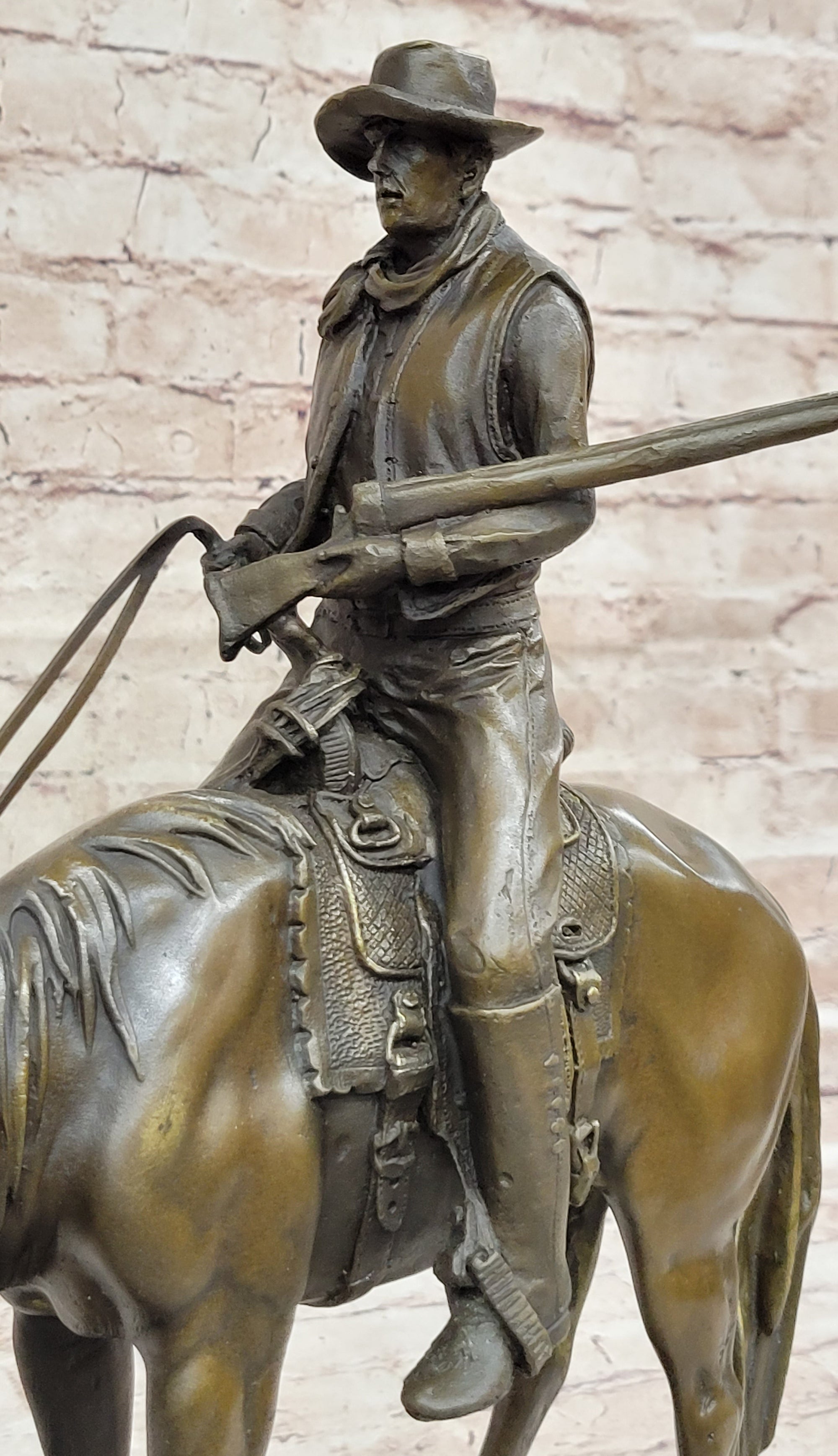 Western Cowboy on Horseback w/ Shotgun Bronze Sculpture Statue 16" x 14"