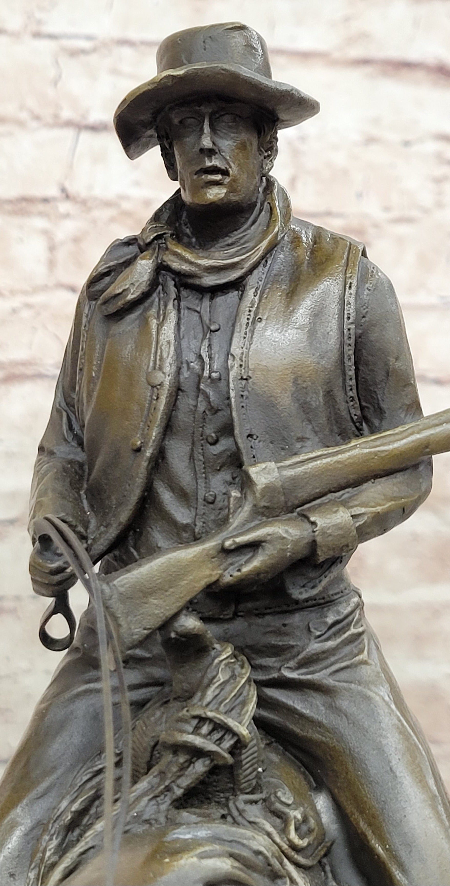 Western Cowboy on Horseback w/ Shotgun Bronze Sculpture Statue 16" x 14"