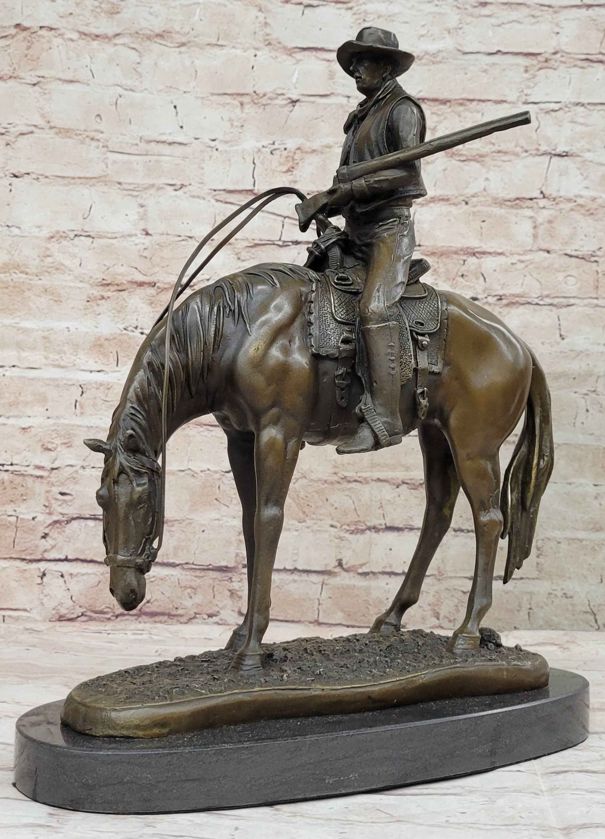 Western Cowboy on Horseback w/ Shotgun Bronze Sculpture Statue 16" x 14"