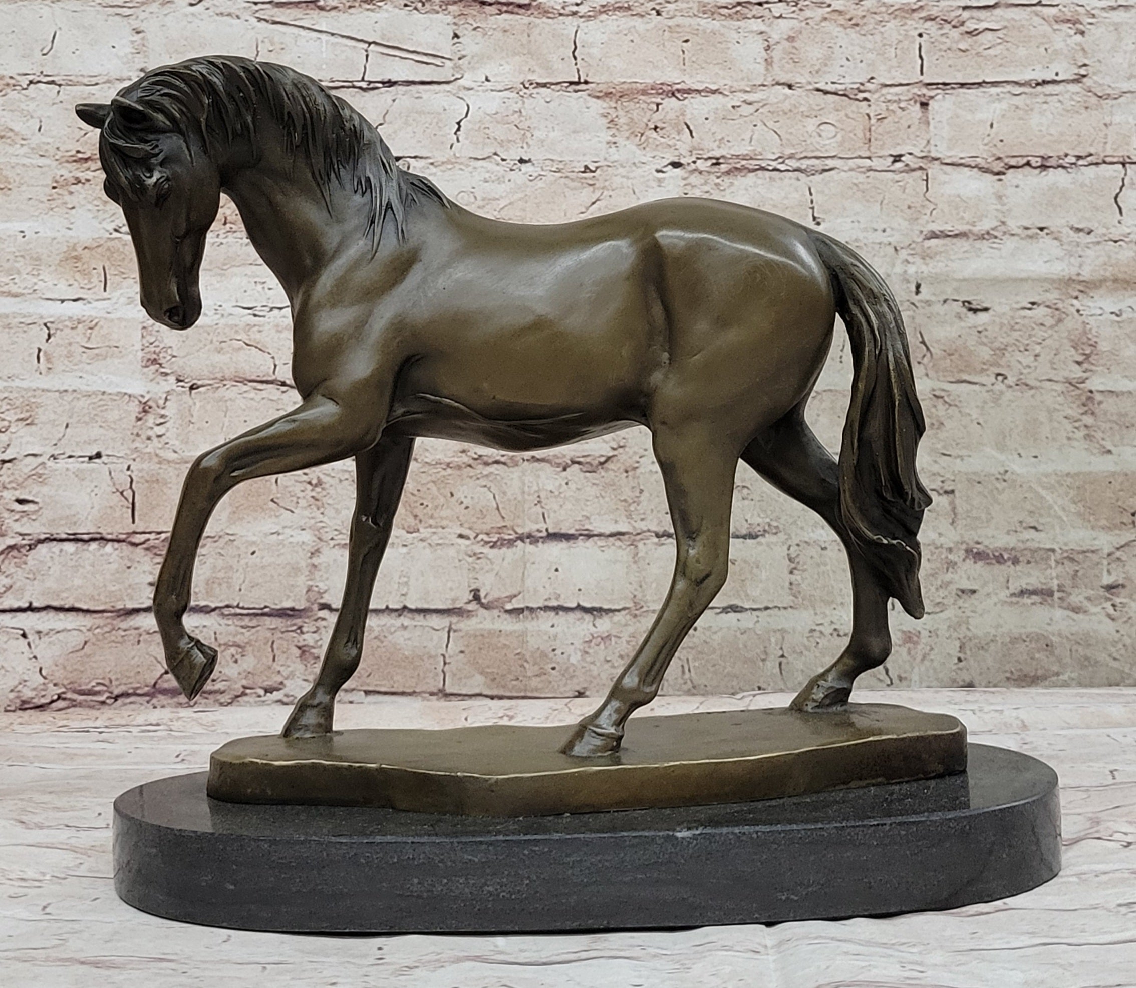 Show Horse Mare Hot Cast Bronze Statue Sculpture Equestrian Decor on Marble Base