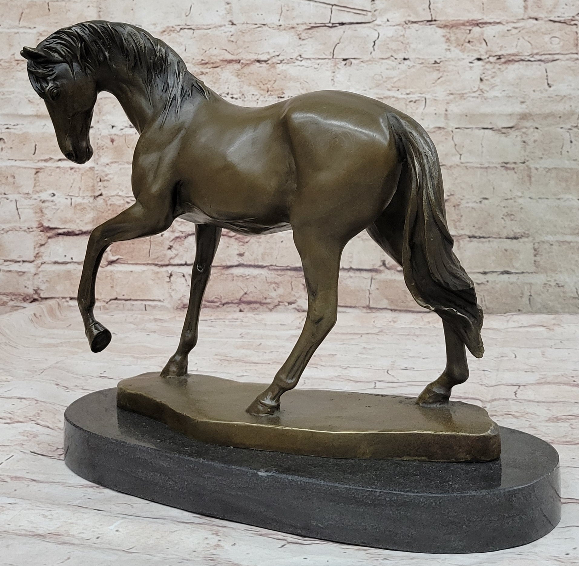 Show Horse Mare Hot Cast Bronze Statue Sculpture Equestrian Decor on Marble Base