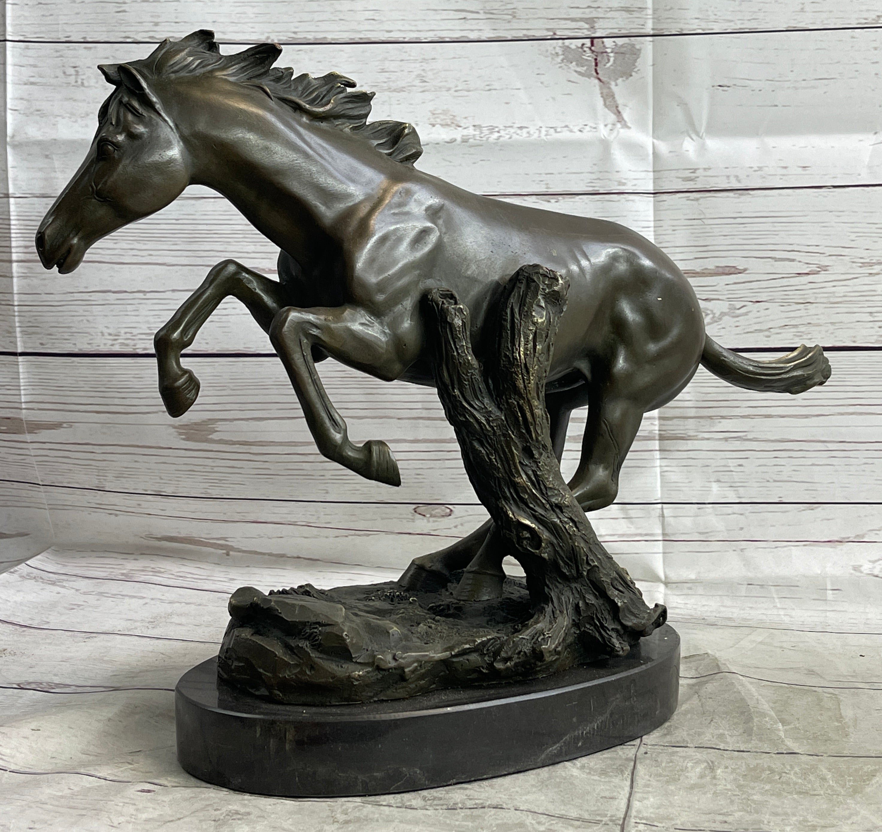 Running Galloping Wild Horse Mustang Bronze Sculpture Statue Figure Decor on Marble Base