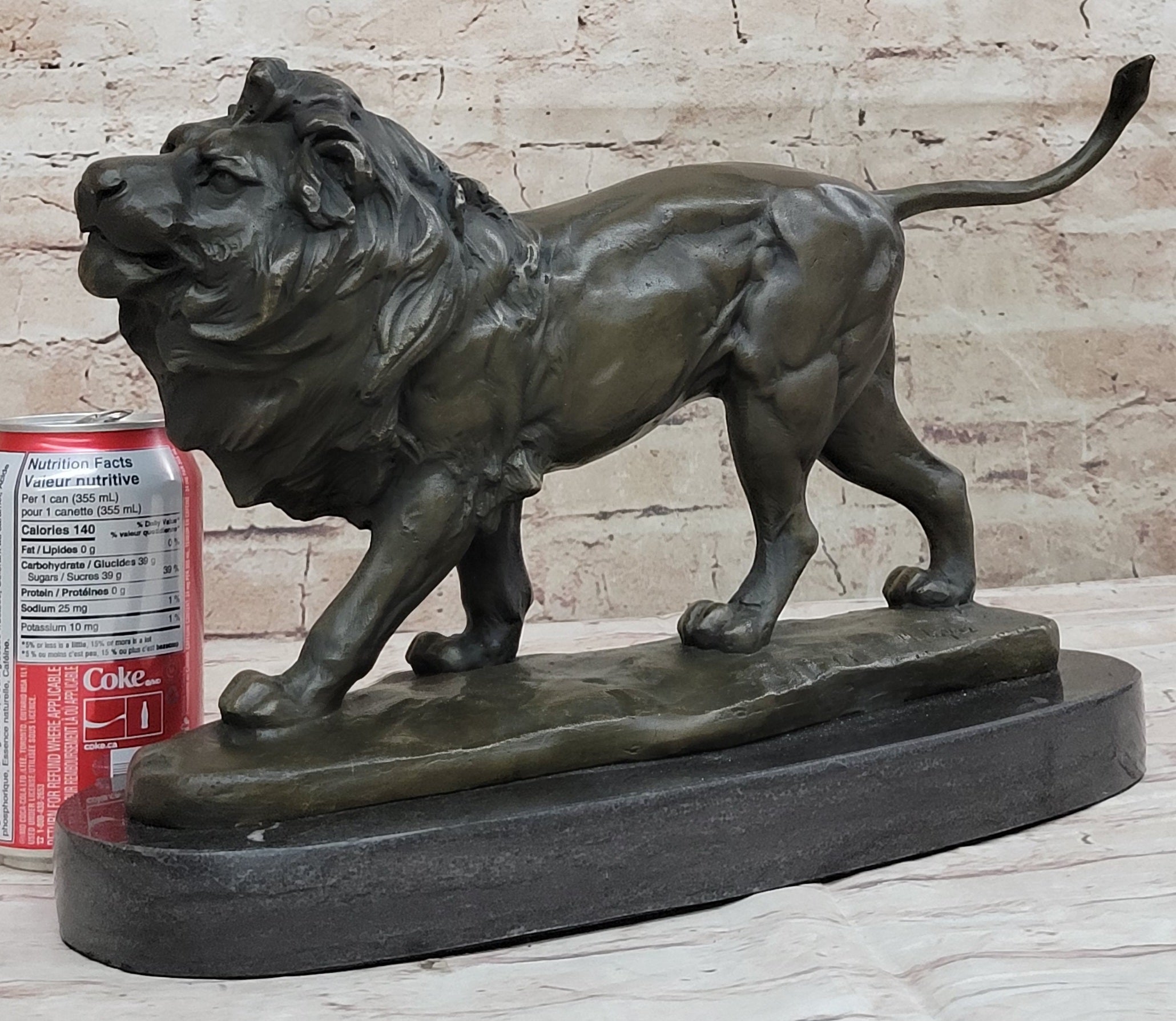 Signed African Male Lion King of Jungle on Prowl Bronze Sculpture Art Deco Decor