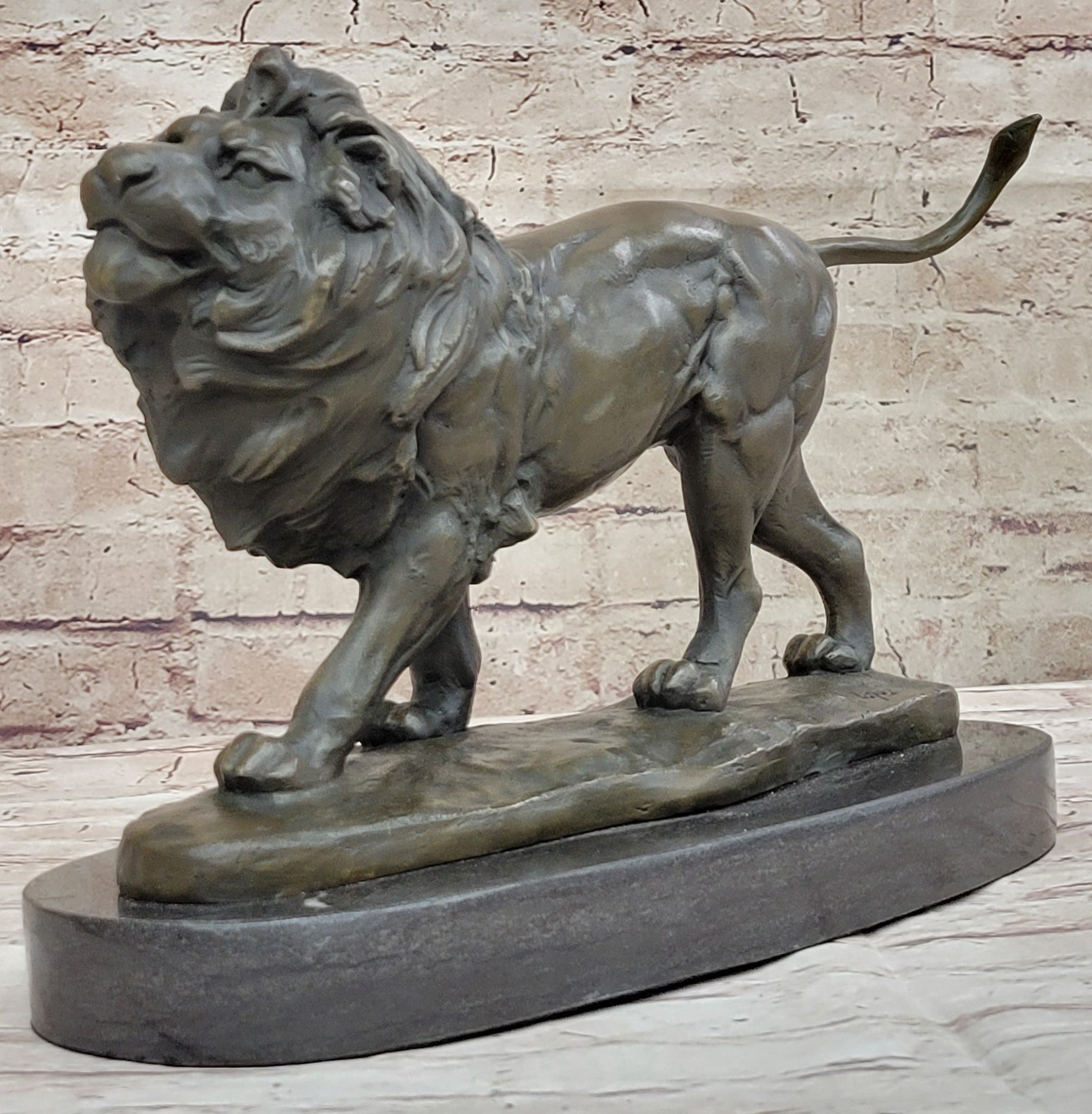 Signed African Male Lion King of Jungle on Prowl Bronze Sculpture Art Deco Decor