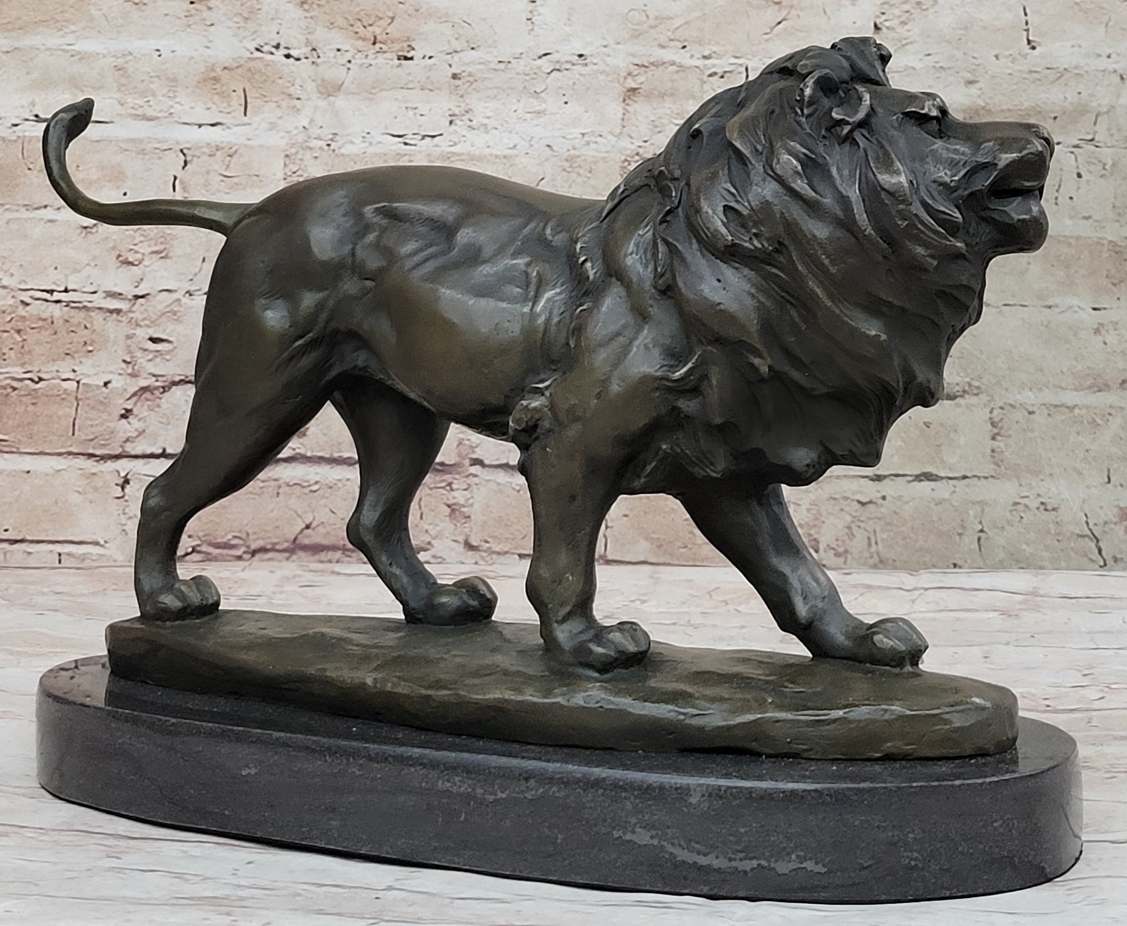 Signed African Male Lion King of Jungle on Prowl Bronze Sculpture Art Deco Decor