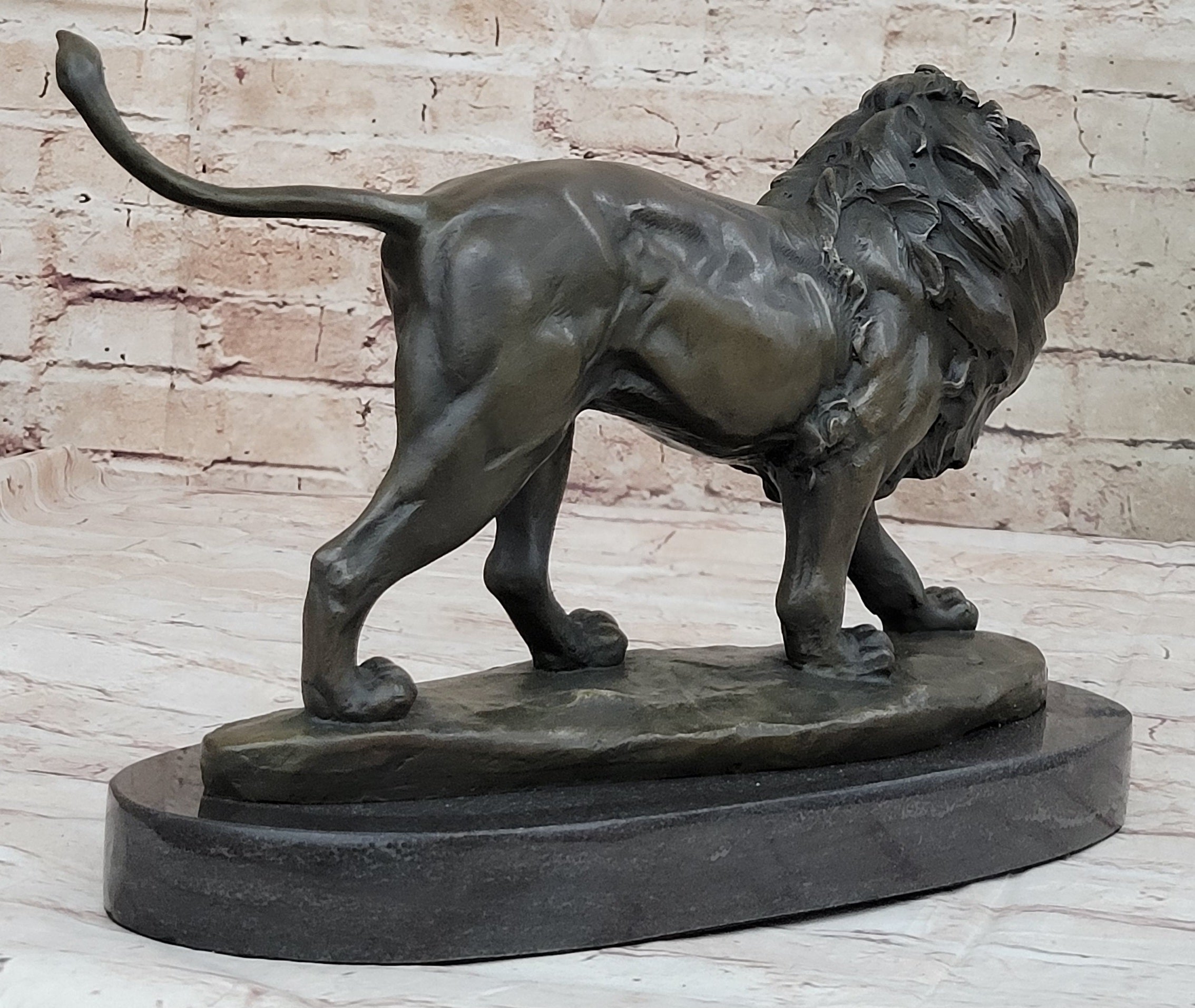 Signed African Male Lion King of Jungle on Prowl Bronze Sculpture Art Deco Decor