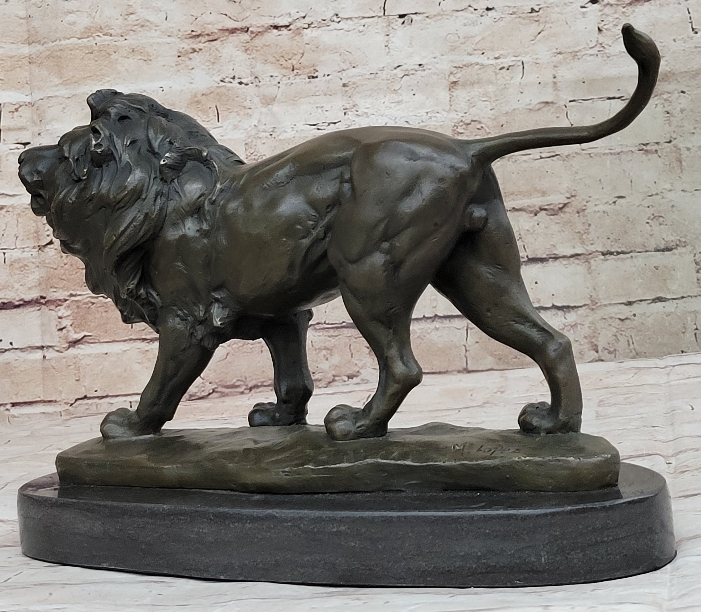 Signed African Male Lion King of Jungle on Prowl Bronze Sculpture Art Deco Decor