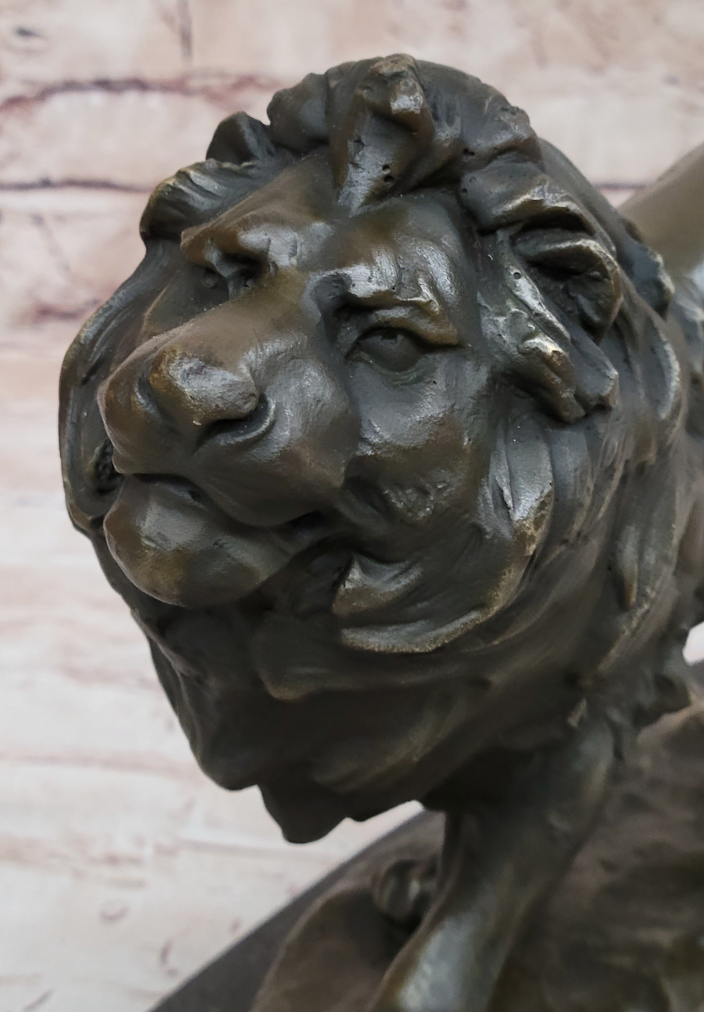 Signed African Male Lion King of Jungle on Prowl Bronze Sculpture Art Deco Decor