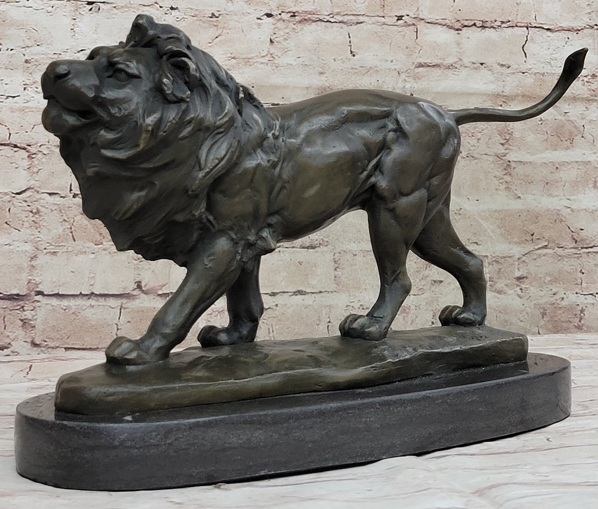Signed African Male Lion King of Jungle on Prowl Bronze Sculpture Art Deco Decor