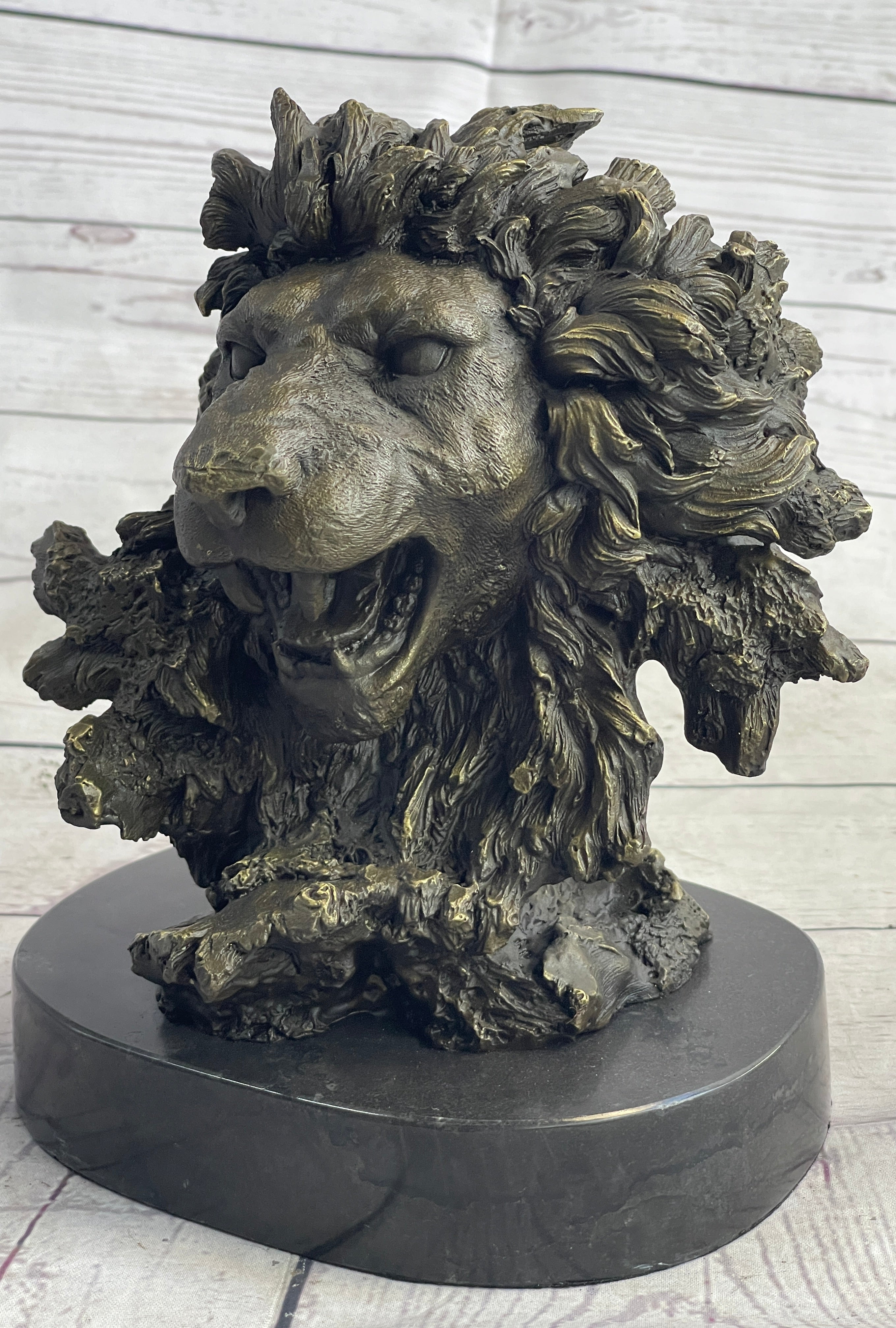 Roaring Lion's Head Lion Bust Bronze Sculpture Statue Figure Marble Base 9" x 7"