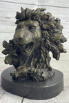 Roaring Lions Head Lion Bust Bronze Sculpture Statue Figure Marble Base 9" x 7"