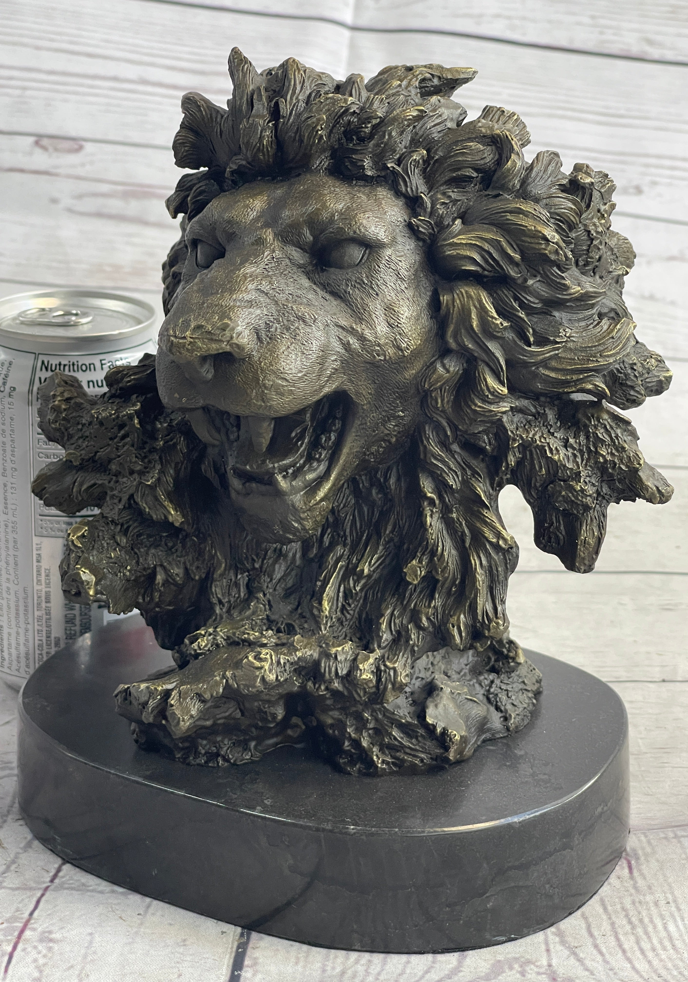 Roaring Lion's Head Lion Bust Bronze Sculpture Statue Figure Marble Base 9" x 7"