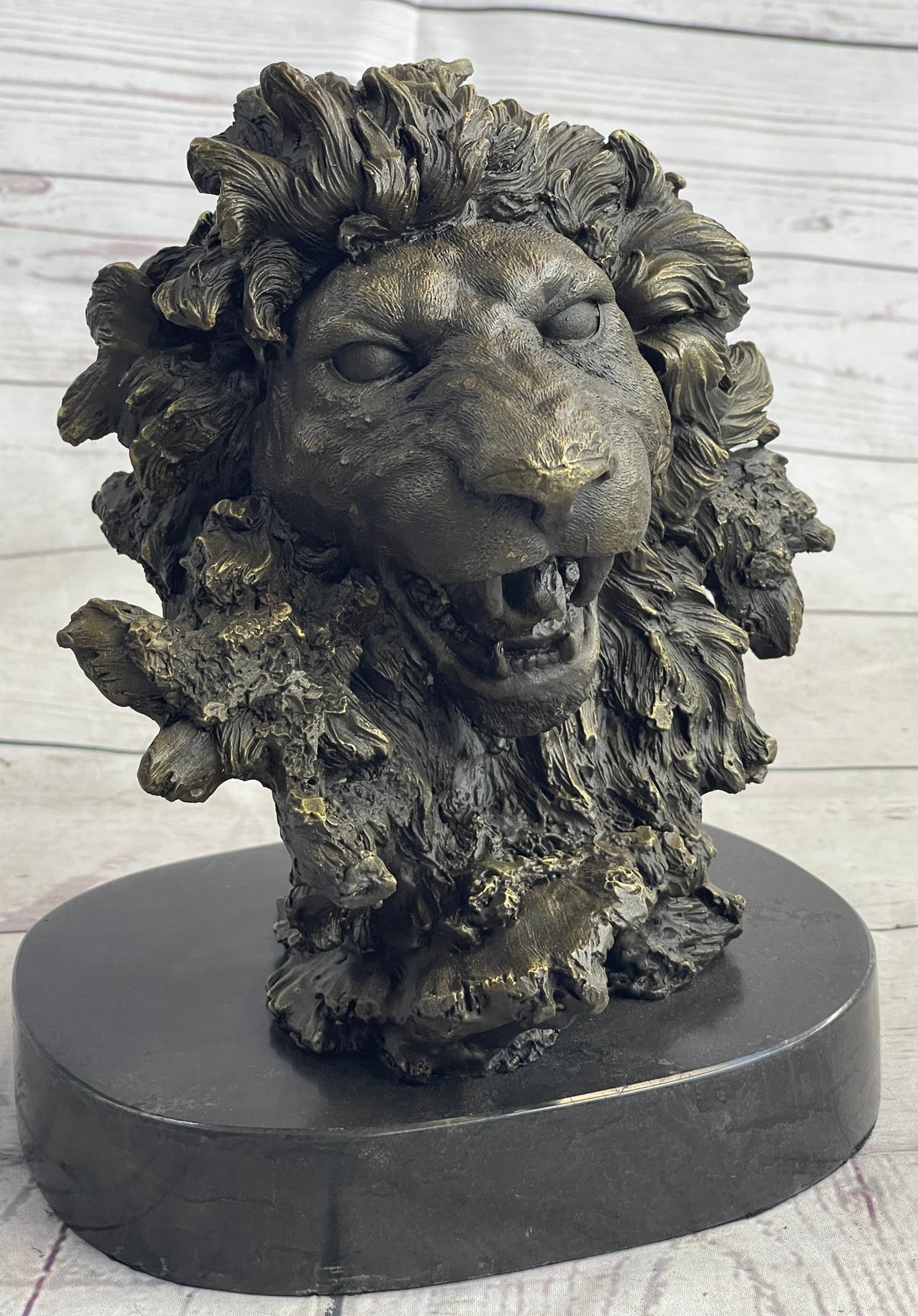 Roaring Lions Head Lion Bust Bronze Sculpture Statue Figure Marble Base 9" x 7"
