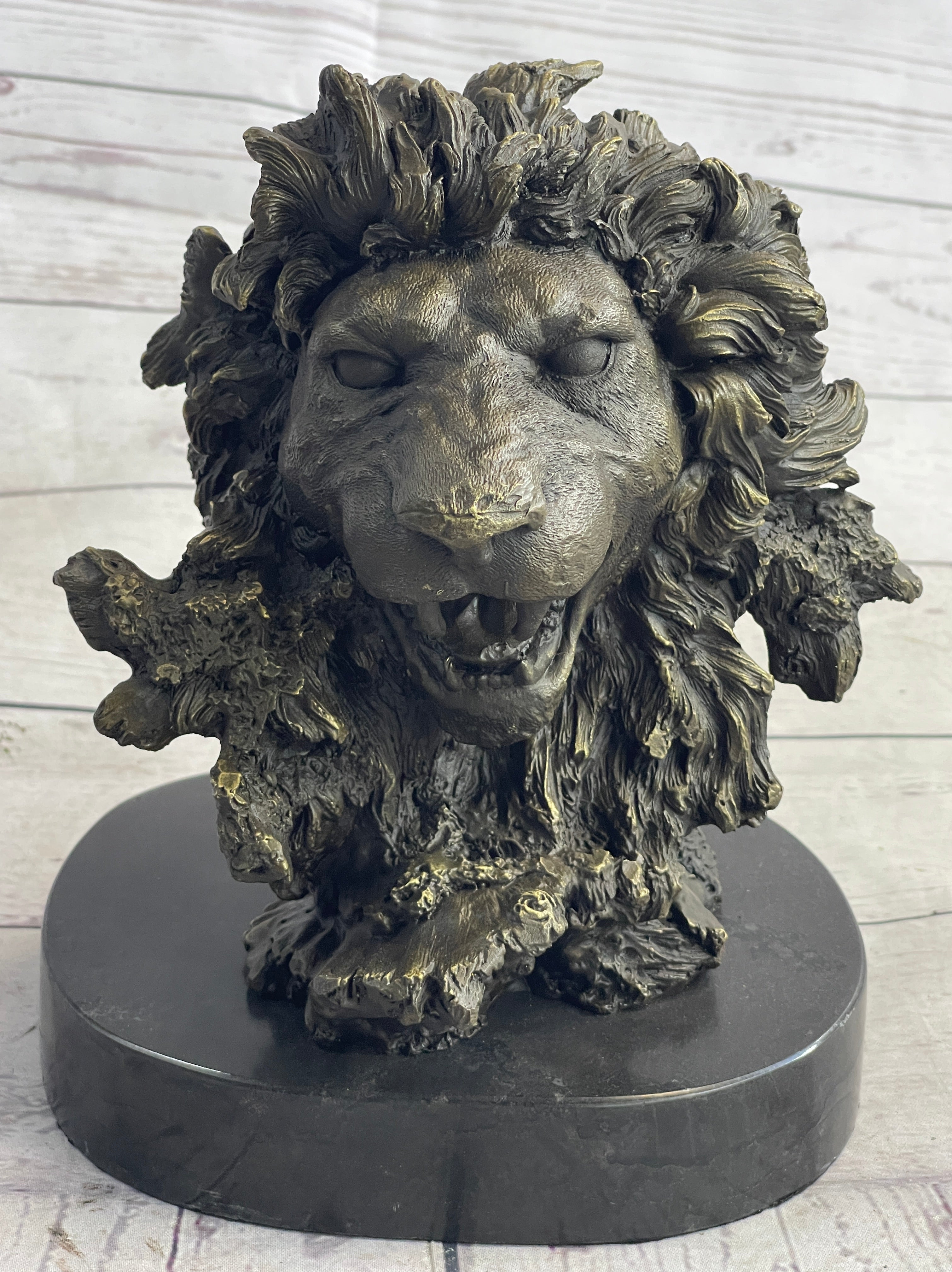 Roaring Lion's Head Lion Bust Bronze Sculpture Statue Figure Marble Base 9" x 7"