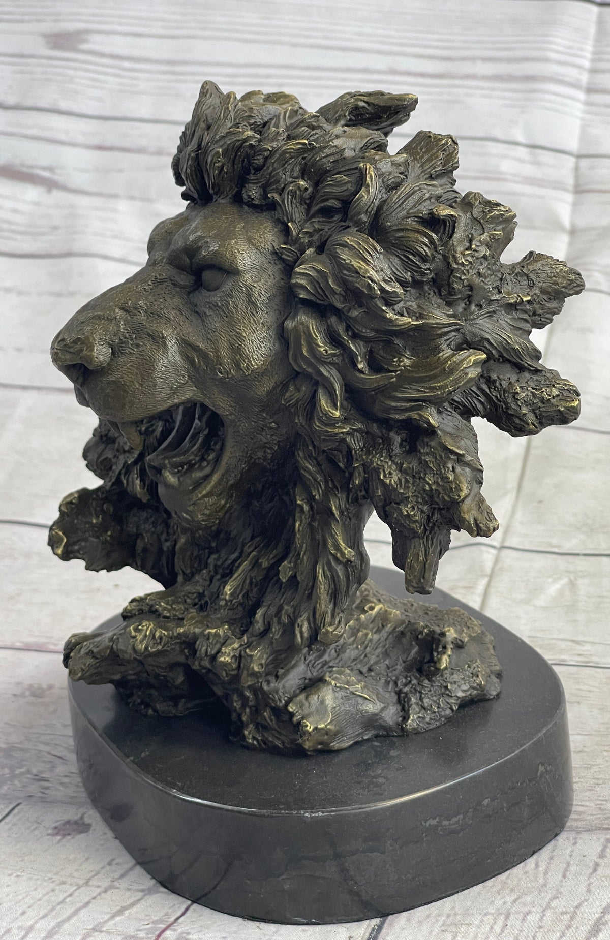 Roaring Lions Head Lion Bust Bronze Sculpture Statue Figure Marble Base 9" x 7"