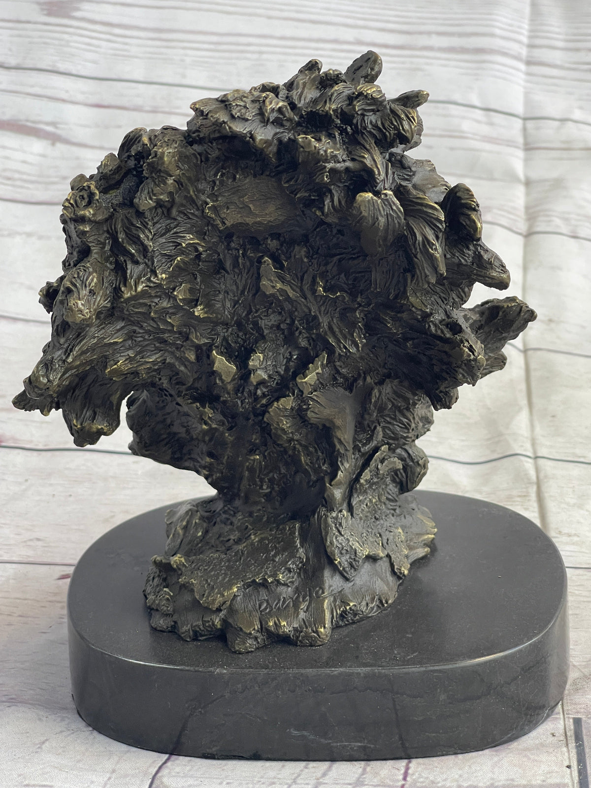 Roaring Lions Head Lion Bust Bronze Sculpture Statue Figure Marble Base 9" x 7"