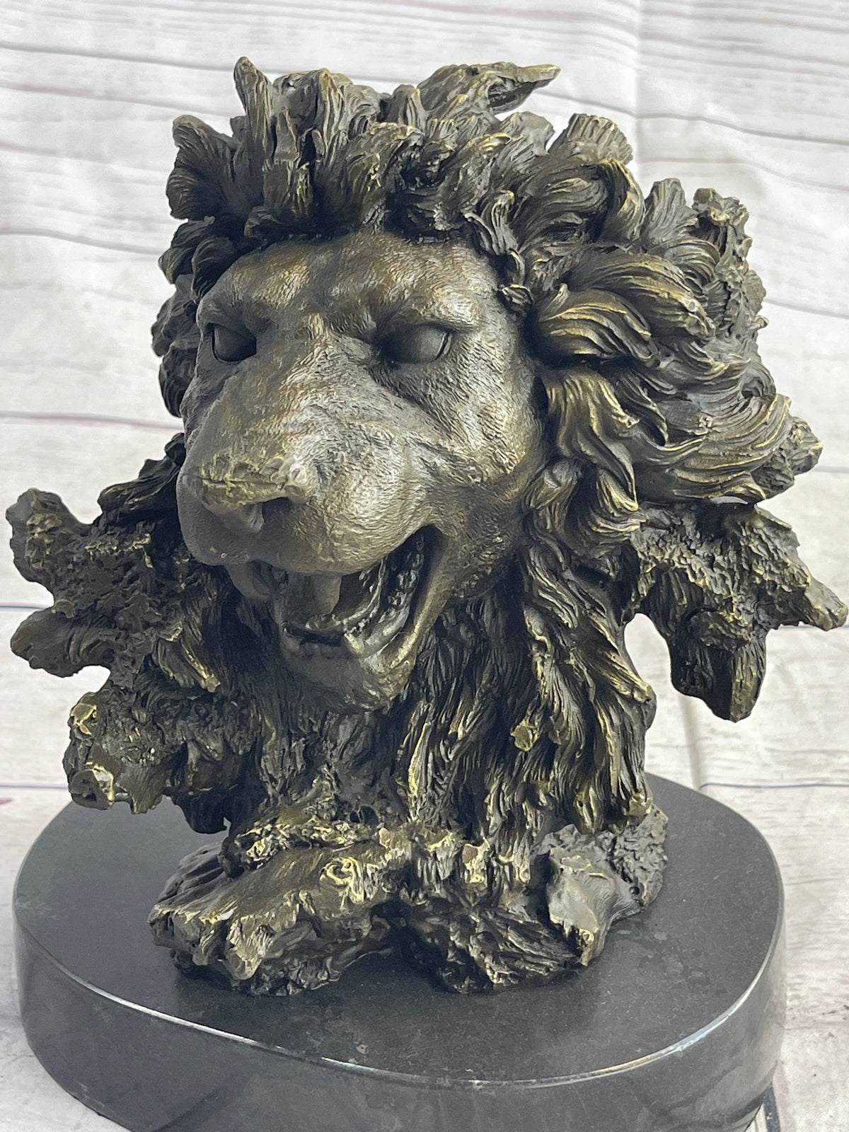 Roaring Lions Head Lion Bust Bronze Sculpture Statue Figure Marble Base 9" x 7"