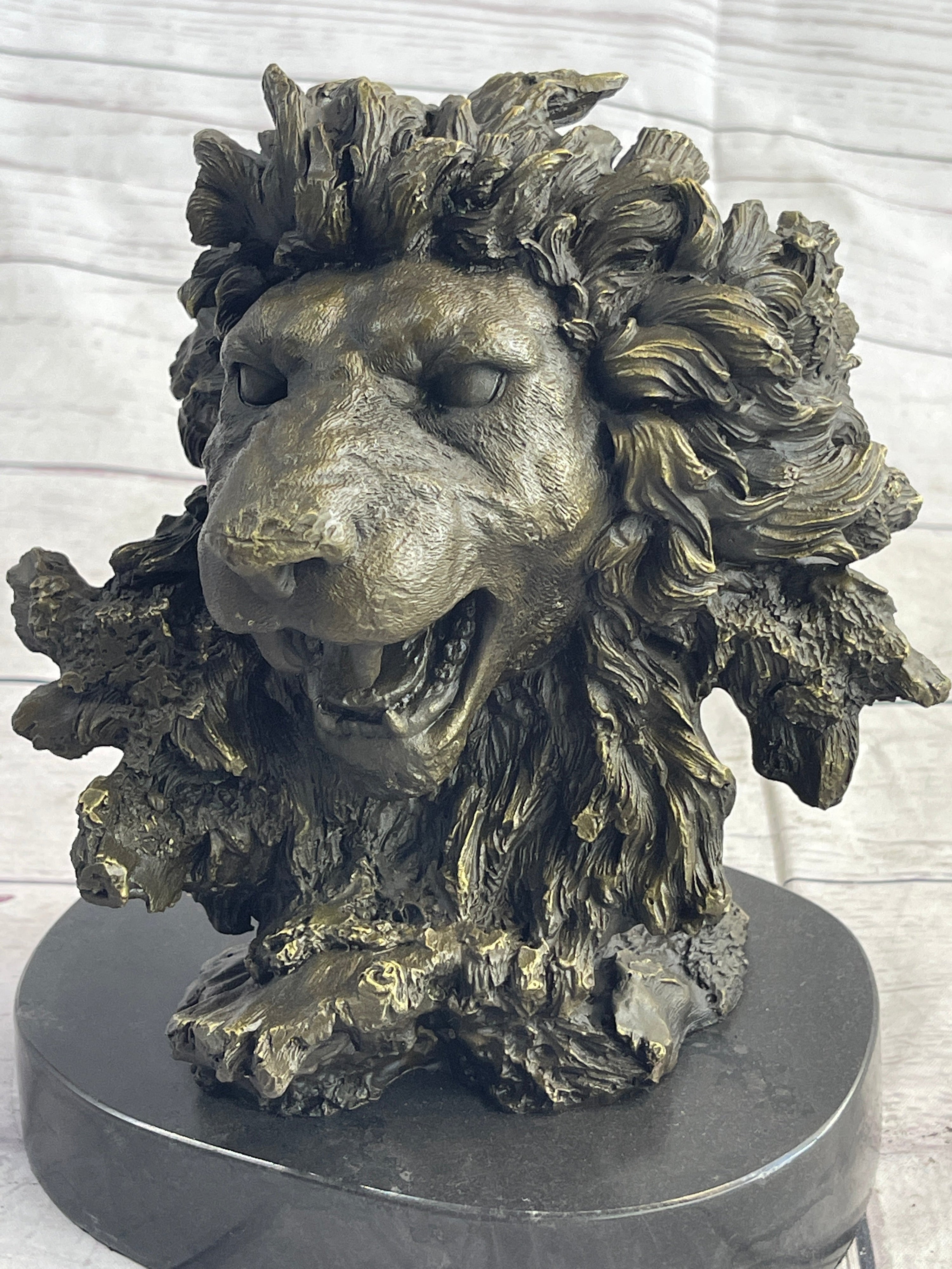 Roaring Lions Head Lion Bust Bronze Sculpture Statue Figure Marble Base 9" x 7"