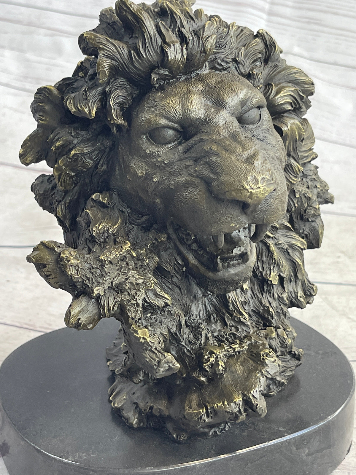 Roaring Lions Head Lion Bust Bronze Sculpture Statue Figure Marble Base 9" x 7"