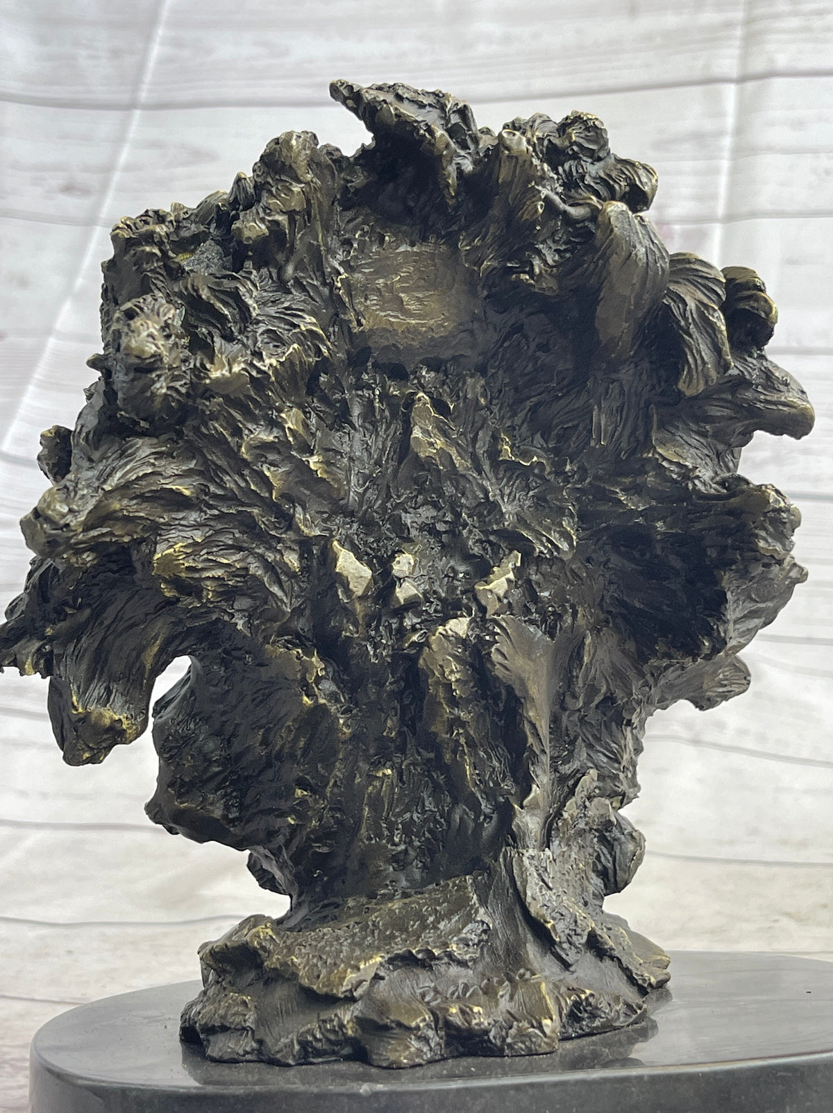 Roaring Lions Head Lion Bust Bronze Sculpture Statue Figure Marble Base 9" x 7"