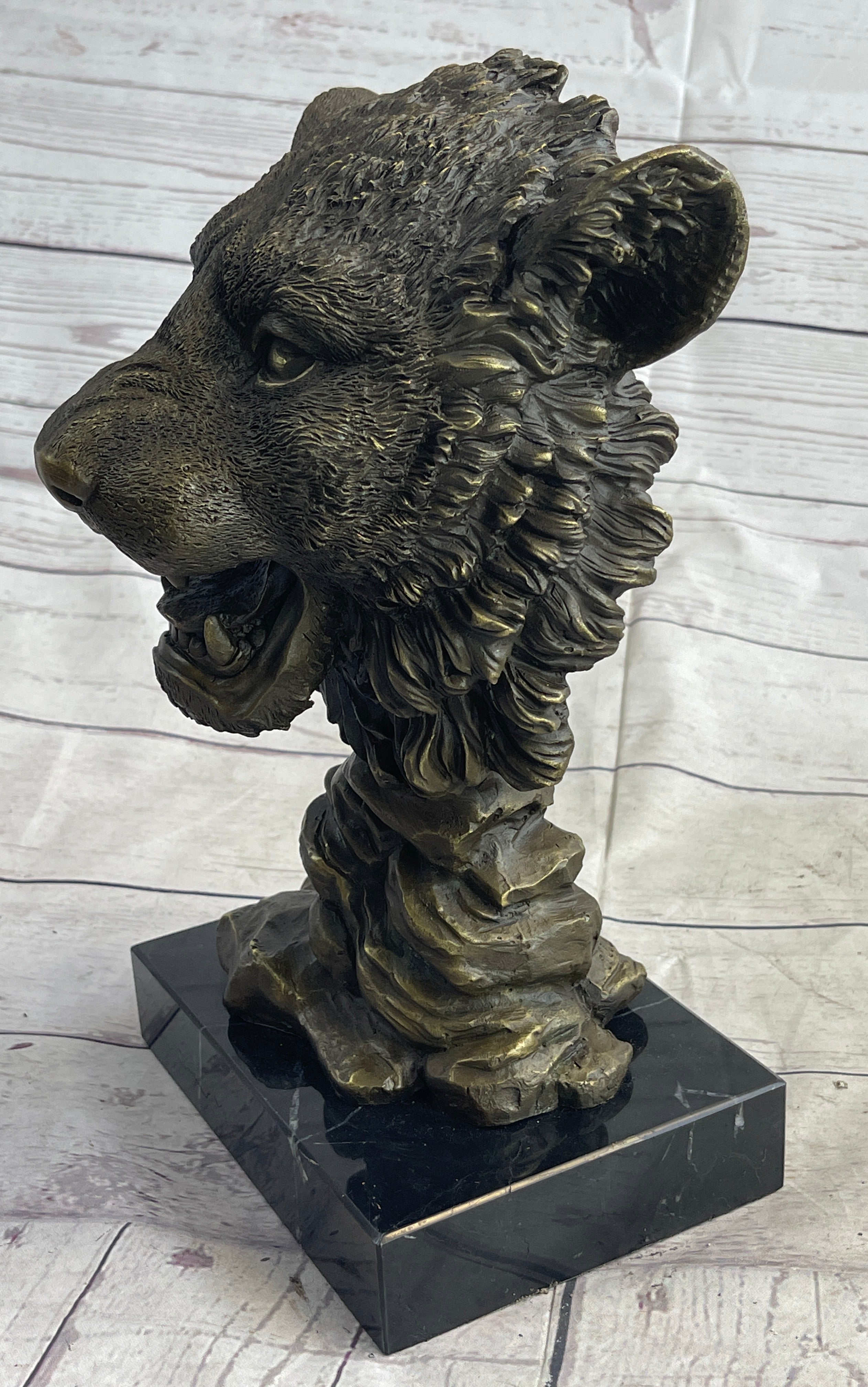 Cougar Lion Big Cat Predator Bust Sculpture Statue Bronze on Marble Base 12" x 7"