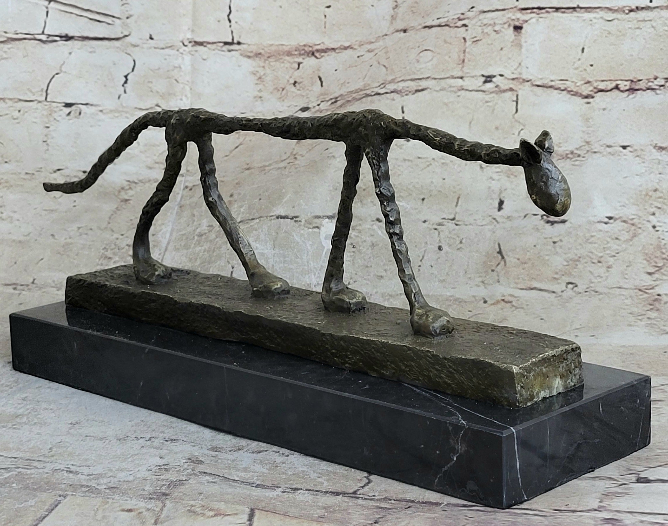 Abstract Cat Bronze Statue Sculpture by Alberto Giacometti Marble Base 6" x 15"