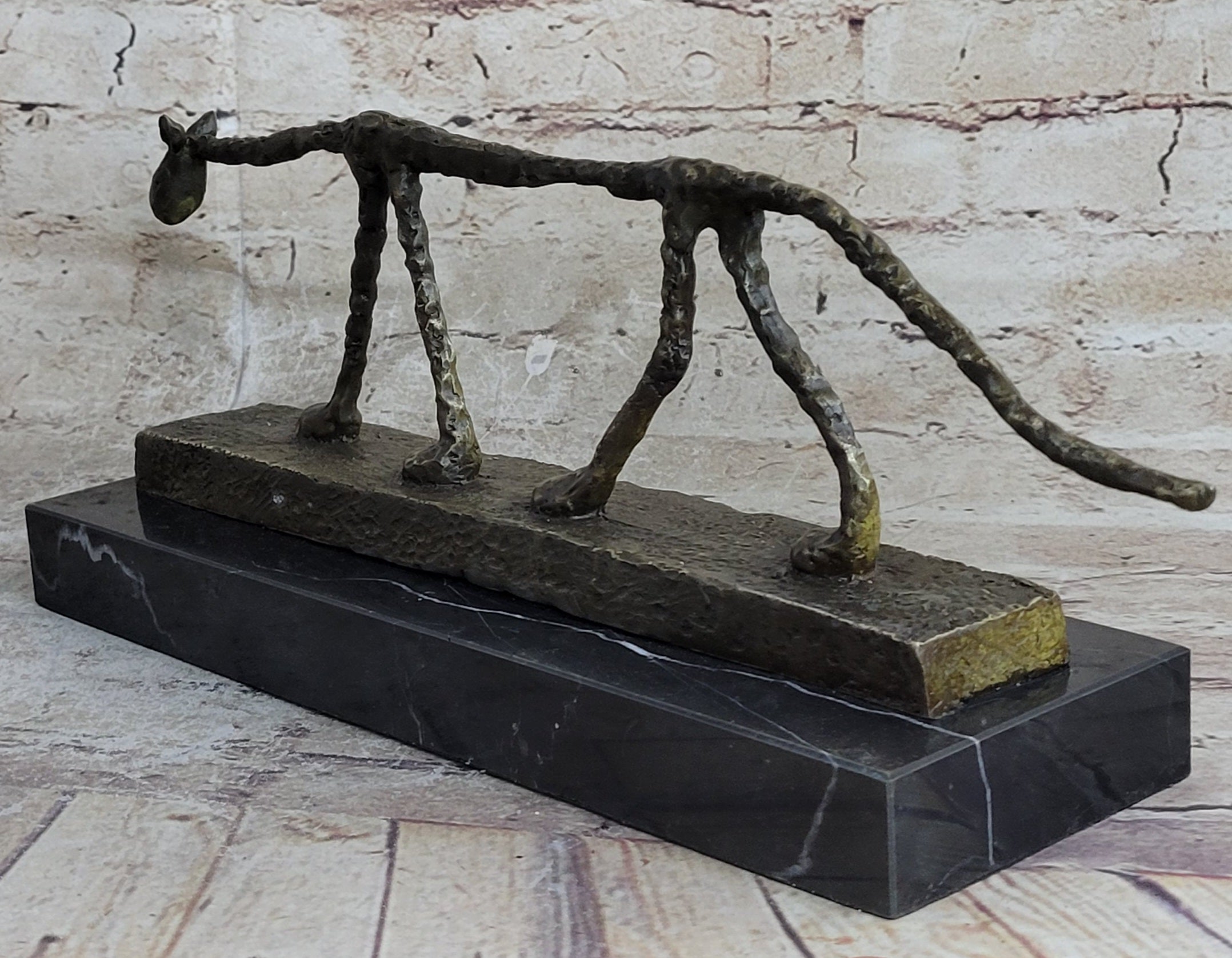 Abstract Cat Bronze Statue Sculpture by Alberto Giacometti Marble Base 6" x 15"