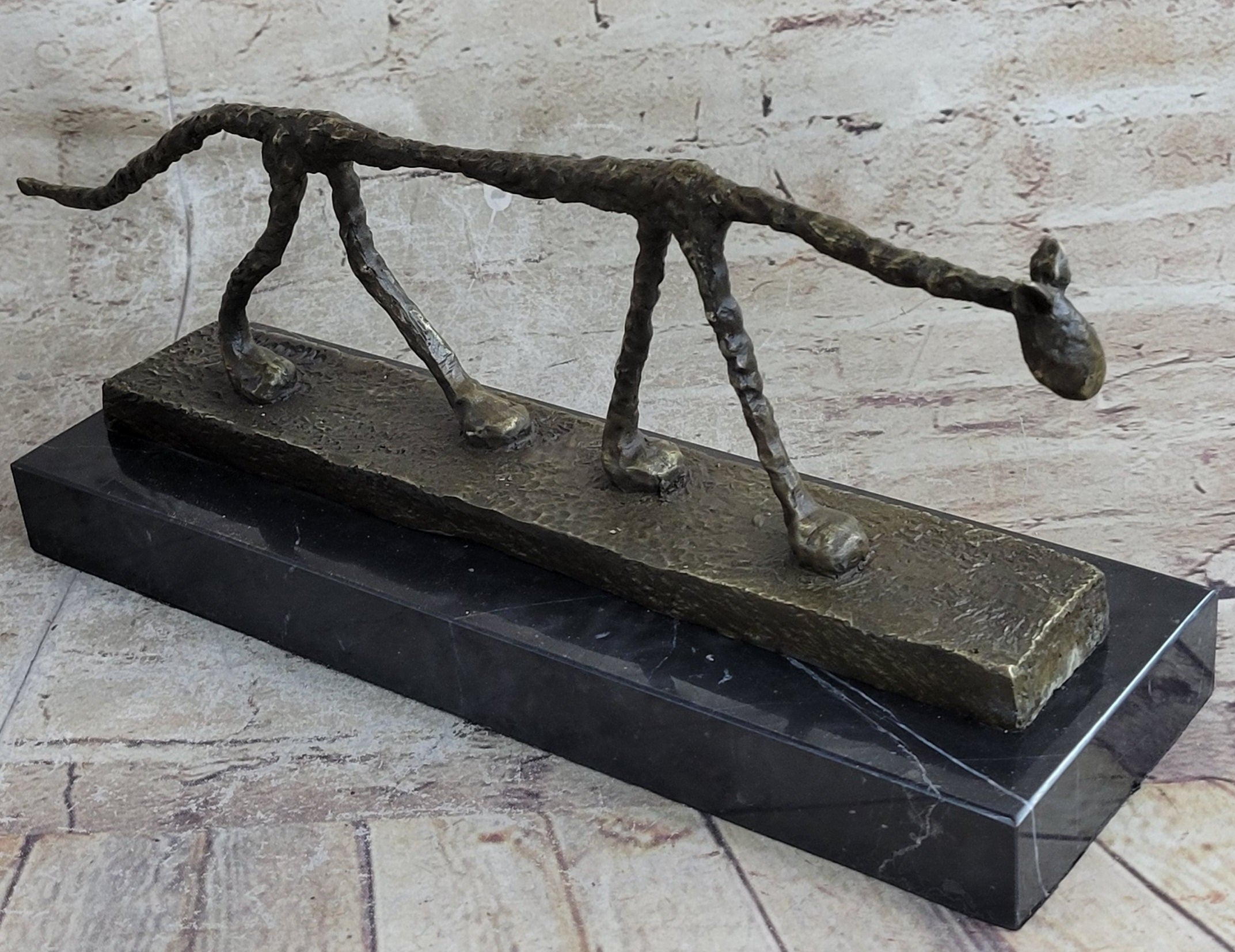 Abstract Cat Bronze Statue Sculpture by Alberto Giacometti Marble Base 6" x 15"