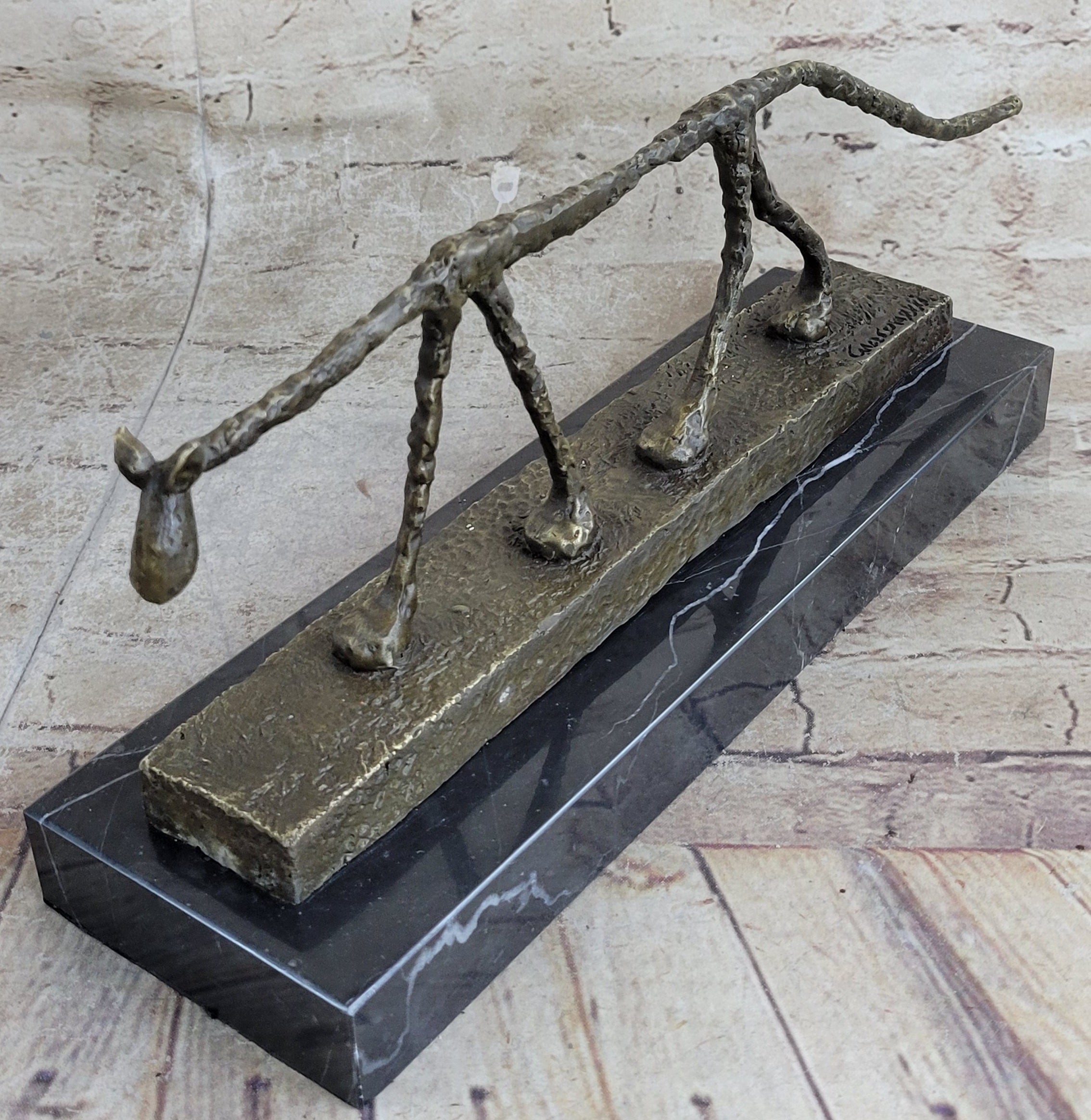 Abstract Cat Bronze Statue Sculpture by Alberto Giacometti Marble Base 6" x 15"