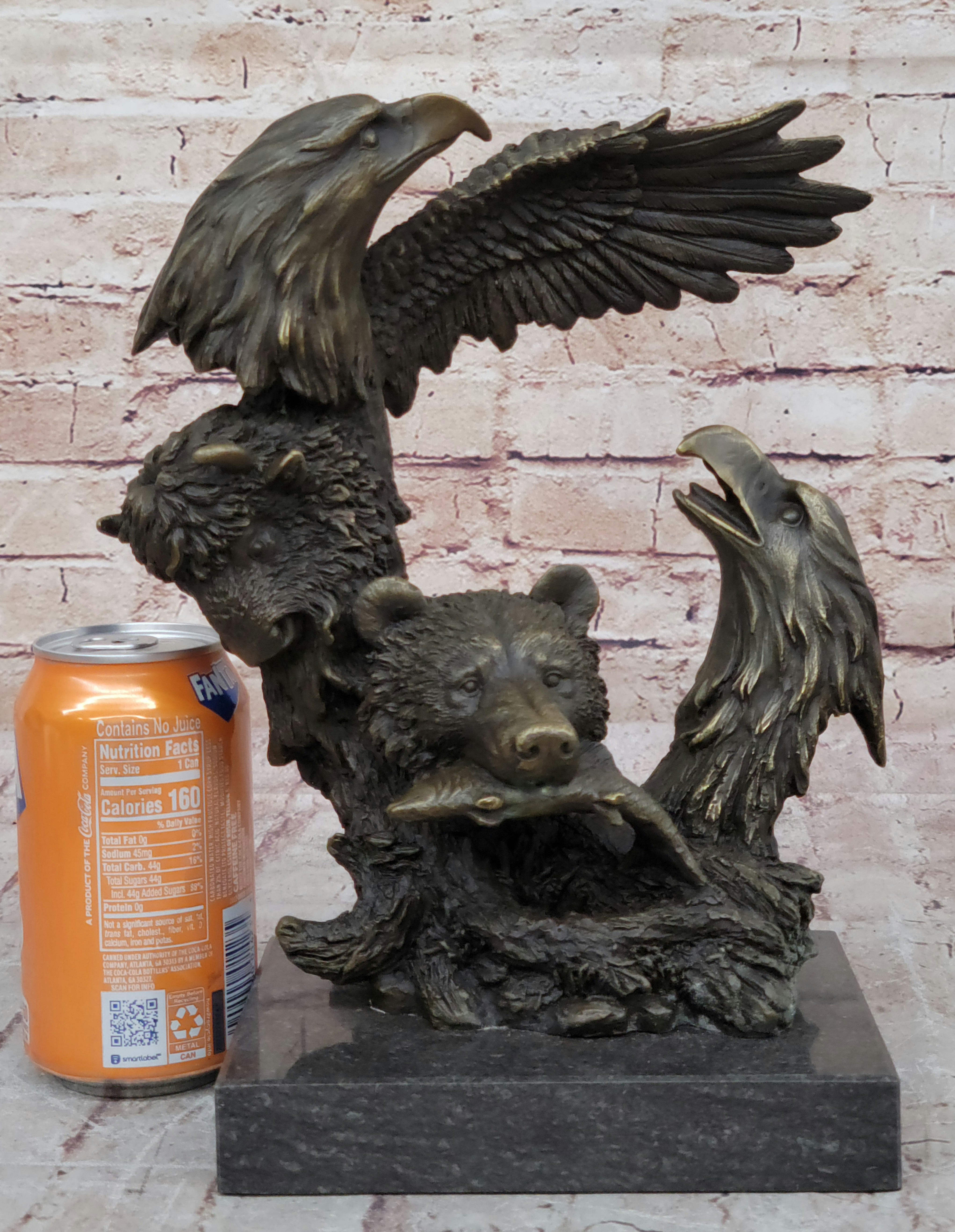Eagles & Bear Hunting Fish Original Bronze Sculpture Statue Art by Milo on Marble Base