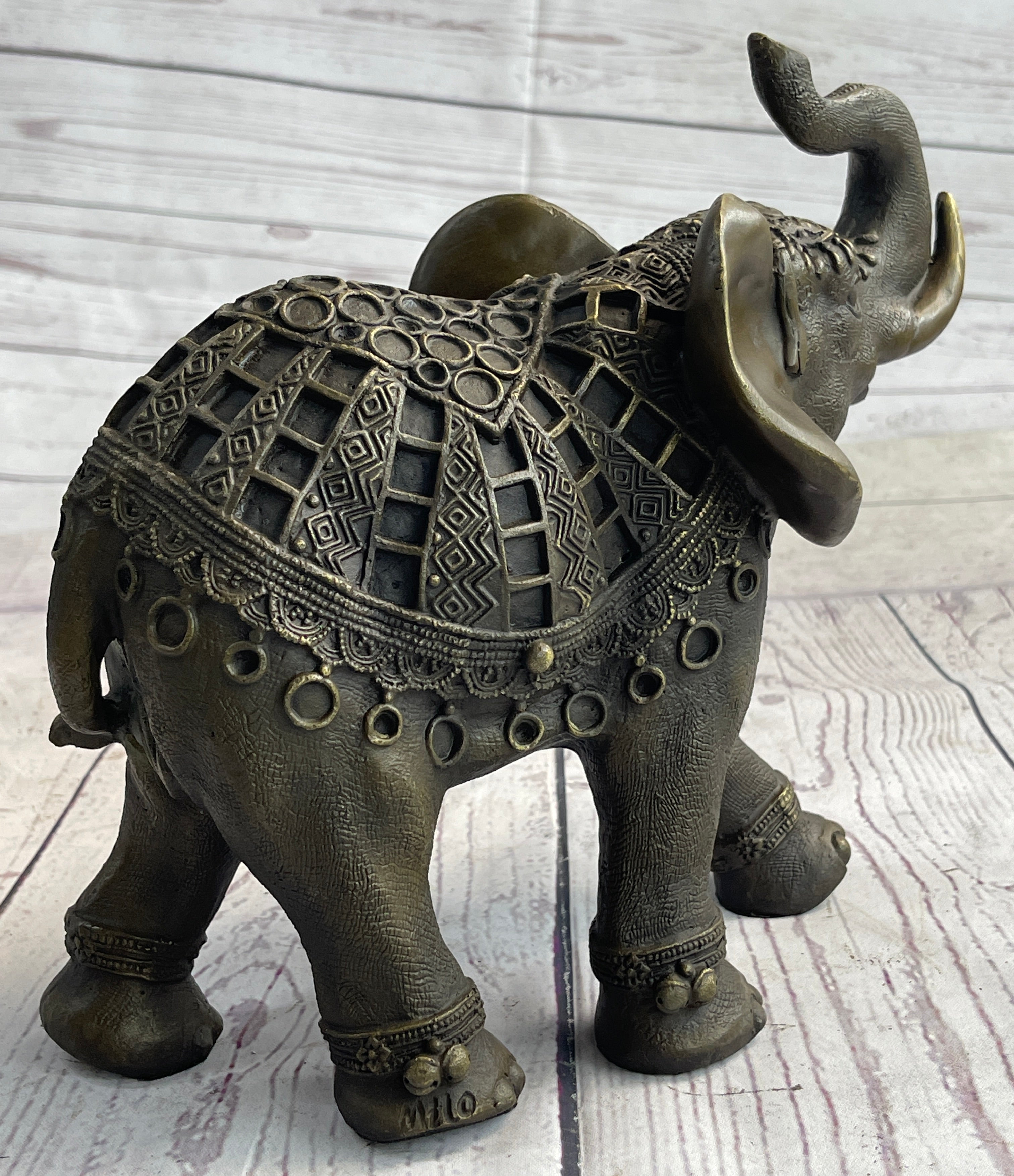 Indian Elephant Bronze Metal Figurine Sculpture Decor Signed Original 8.5" x 12"