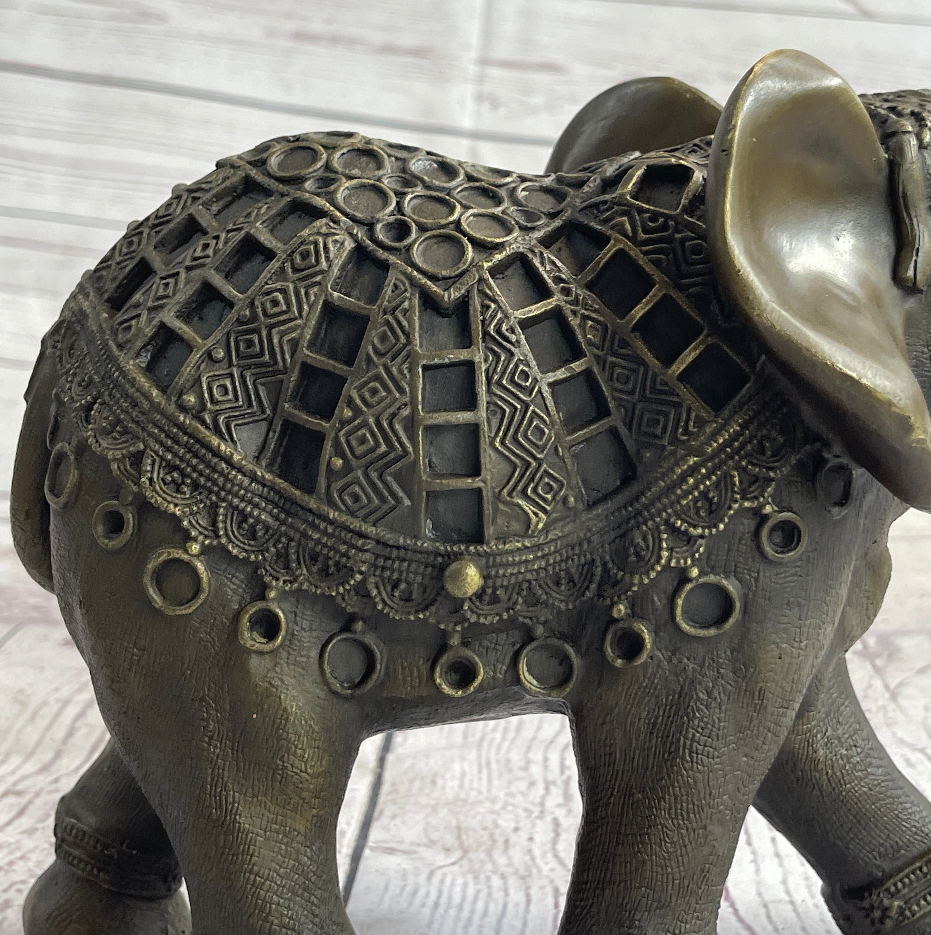 Indian Elephant Bronze Metal Figurine Sculpture Decor Signed Original 8.5" x 12"