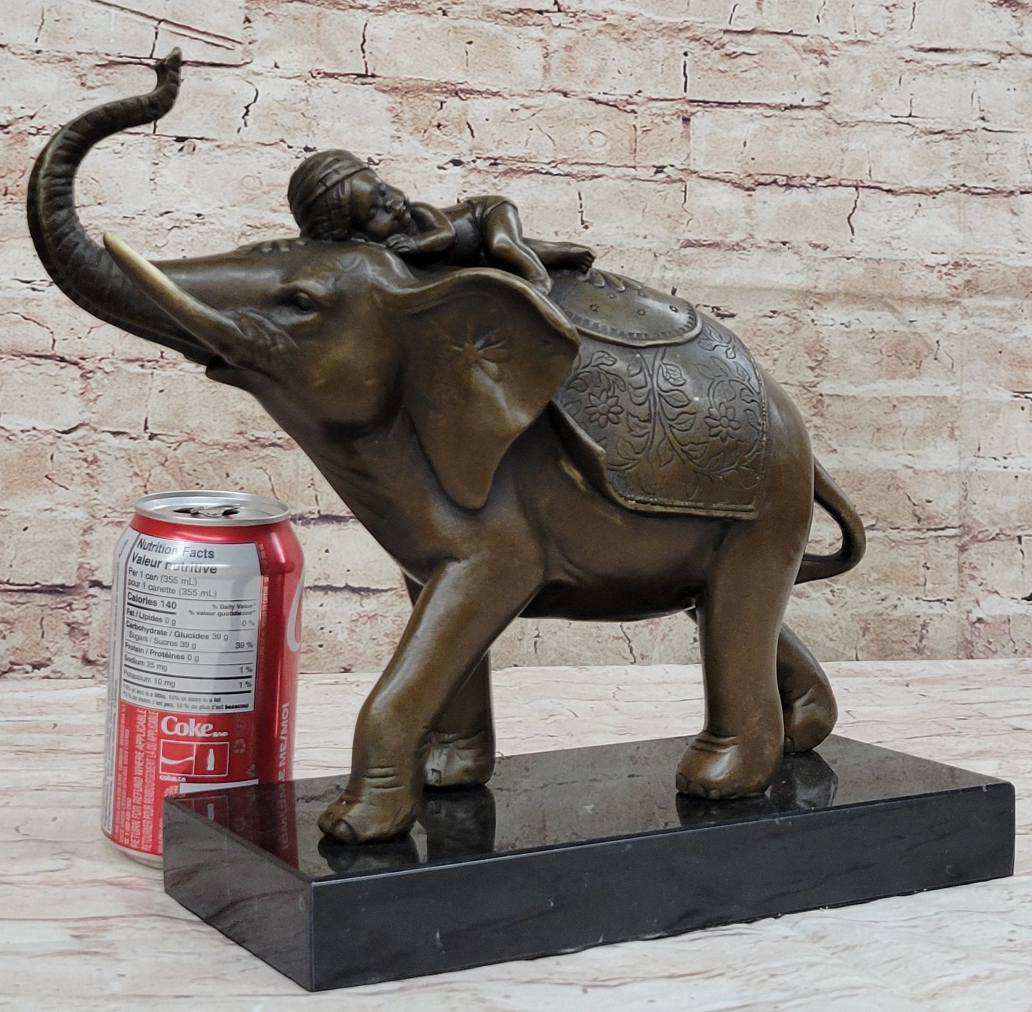 Boy Child Sleeping on Indian Elephant Bronze Statue Sculpture Decor on Marble Base