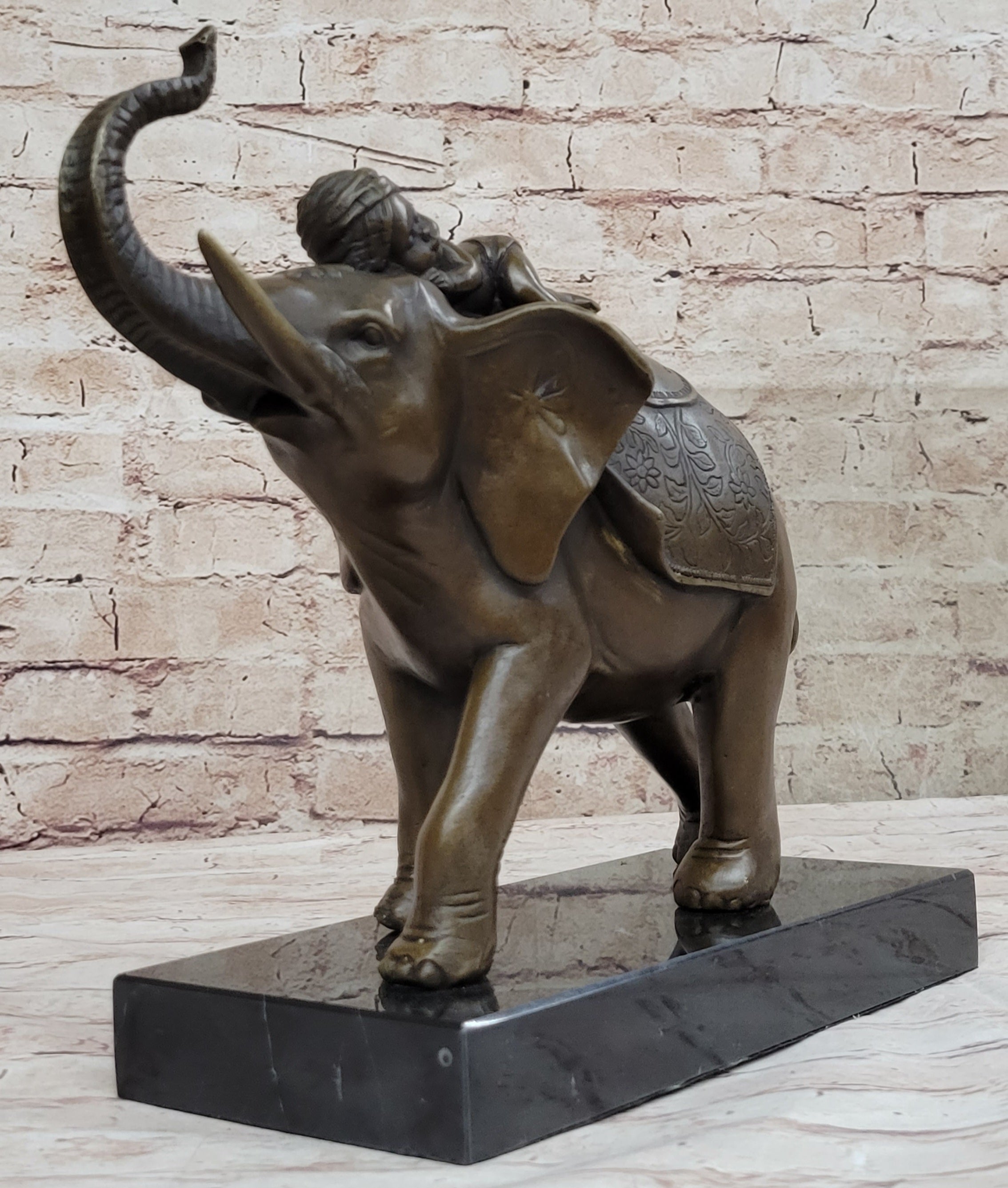 Boy Child Sleeping on Indian Elephant Bronze Statue Sculpture Decor on Marble Base