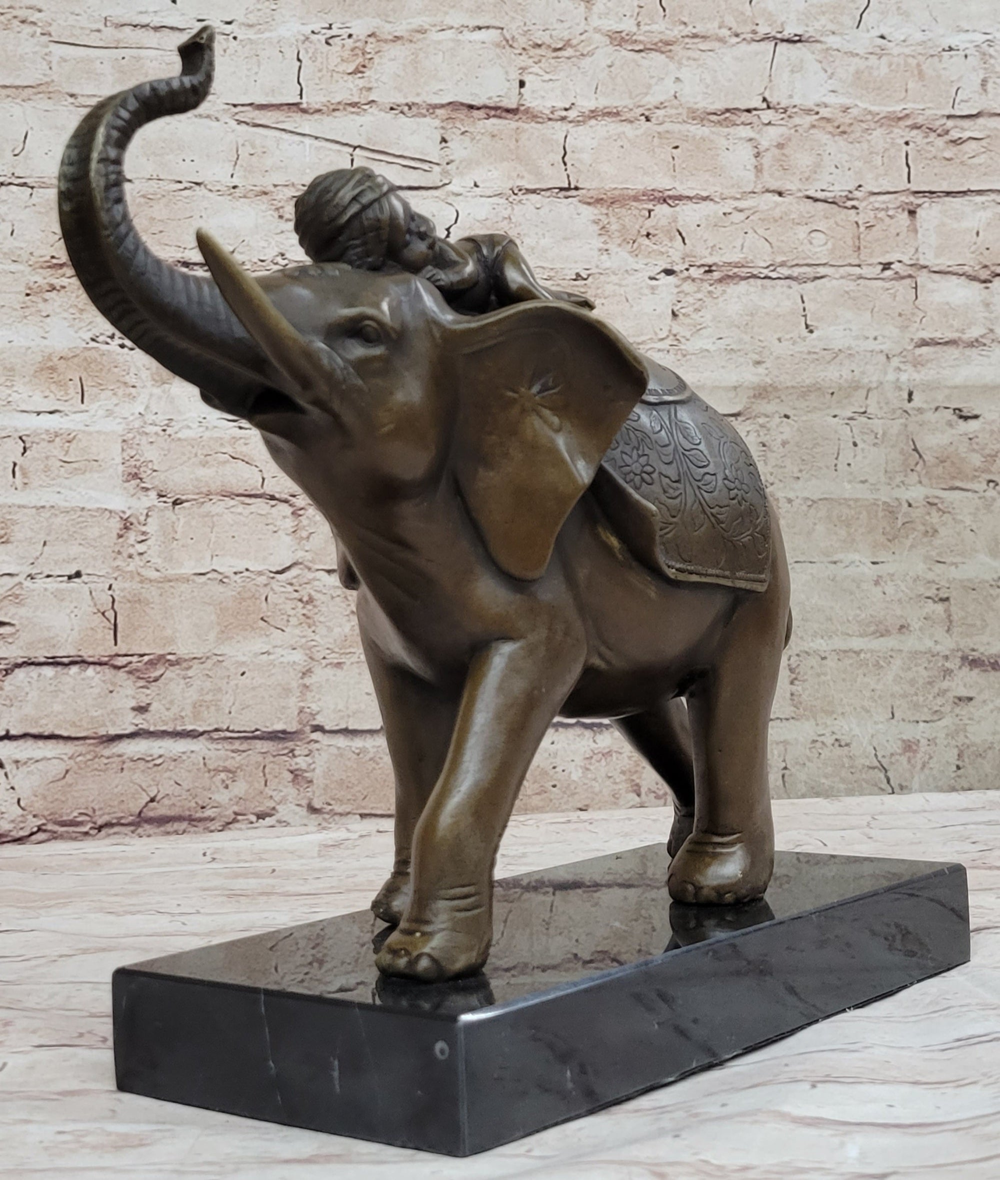 Boy Child Sleeping on Indian Elephant Bronze Statue Sculpture Decor on Marble Base