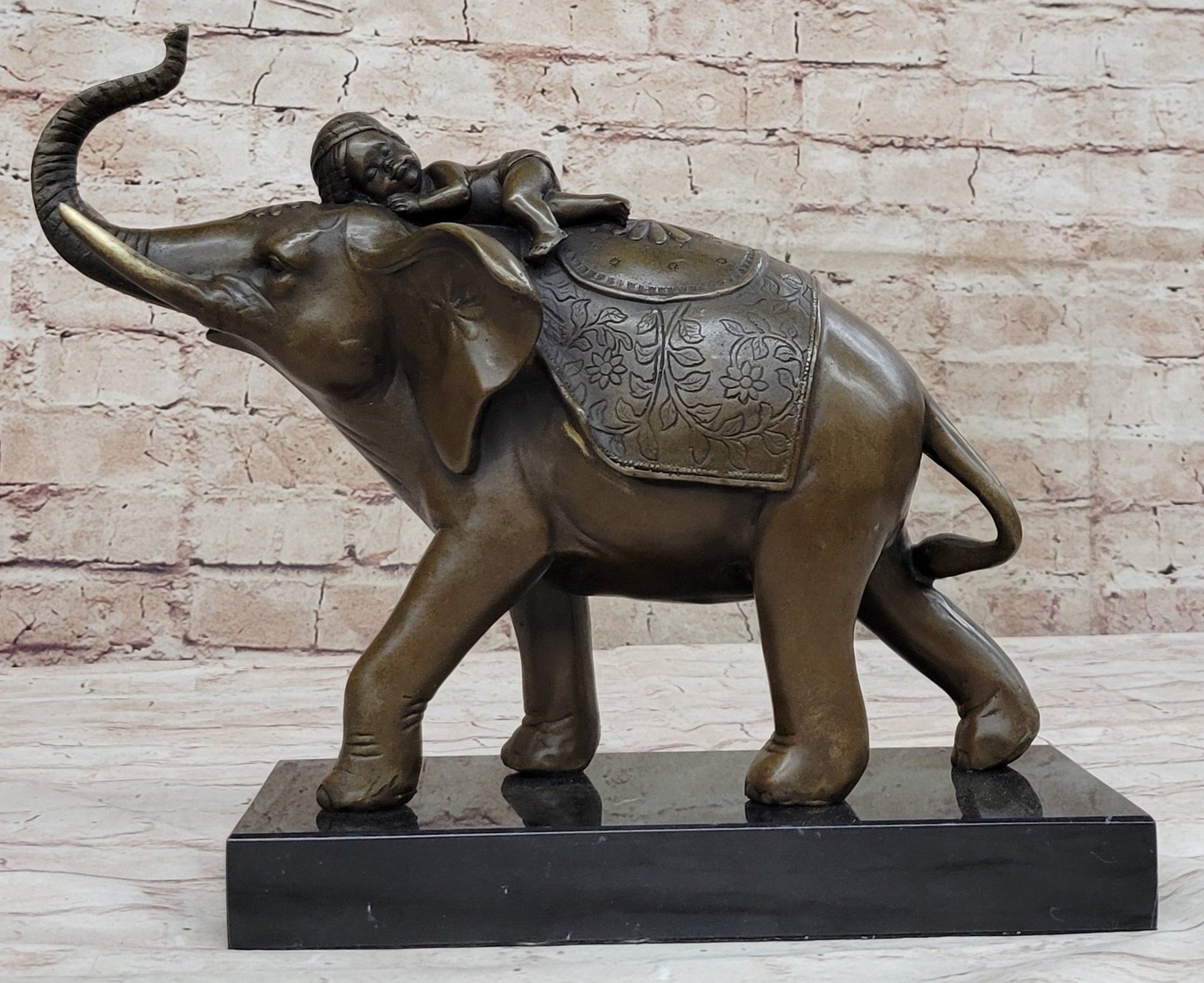 Boy Child Sleeping on Indian Elephant Bronze Statue Sculpture Decor on Marble Base