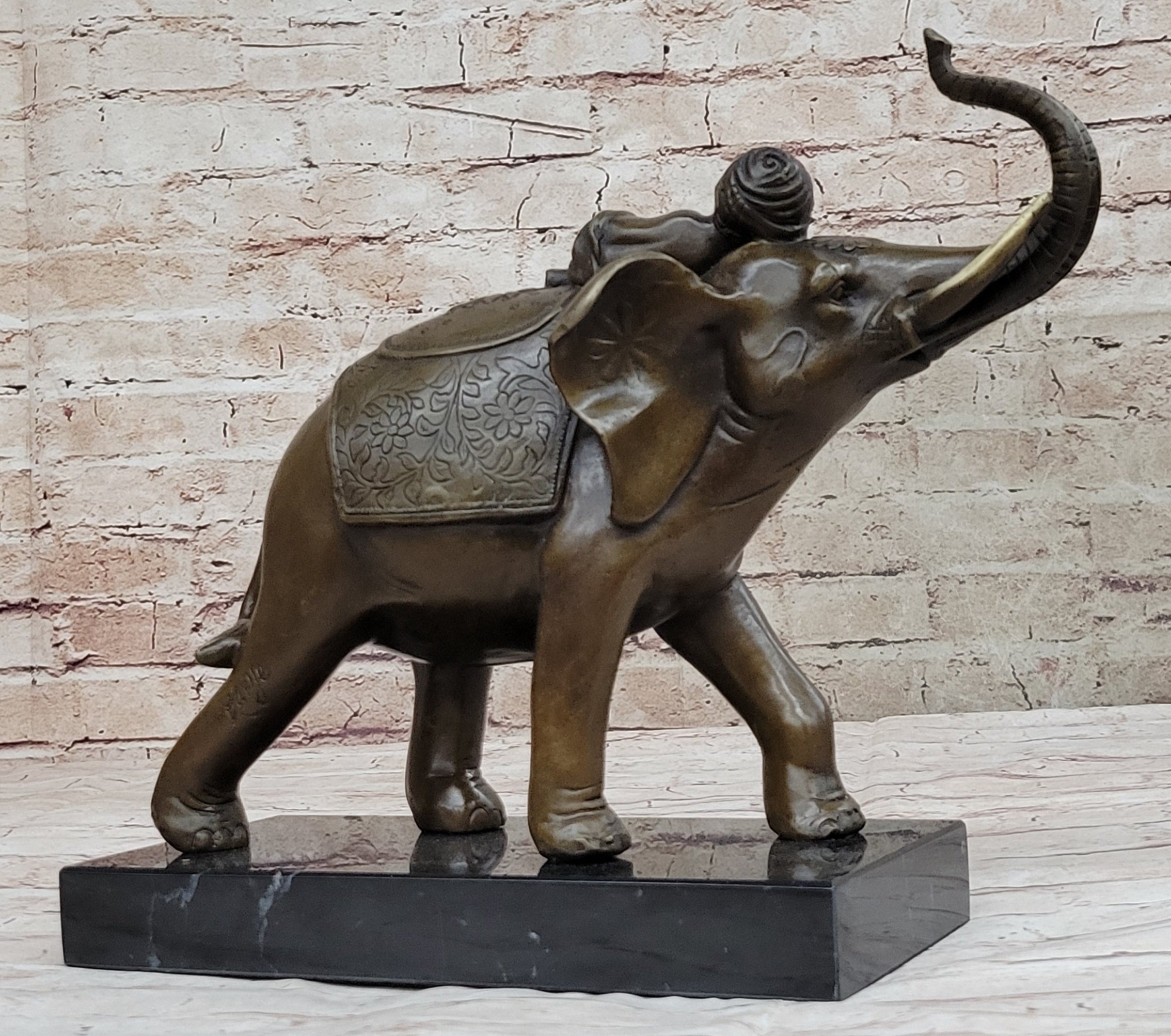 Boy Child Sleeping on Indian Elephant Bronze Statue Sculpture Decor on Marble Base