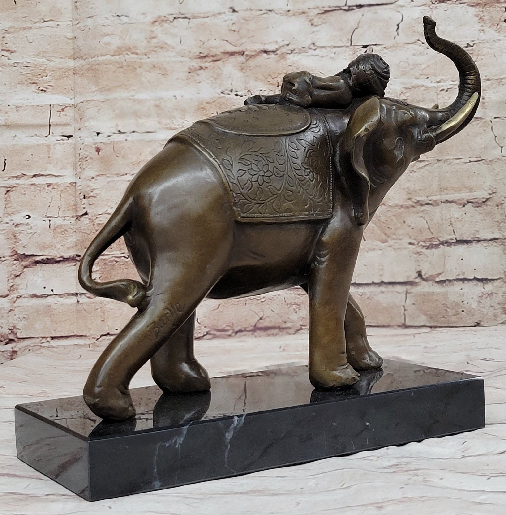 Boy Child Sleeping on Indian Elephant Bronze Statue Sculpture Decor on Marble Base