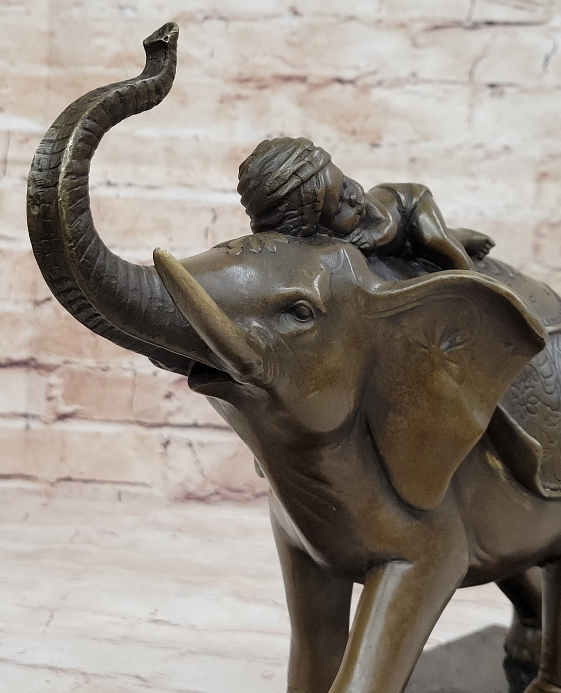 Boy Child Sleeping on Indian Elephant Bronze Statue Sculpture Decor on Marble Base