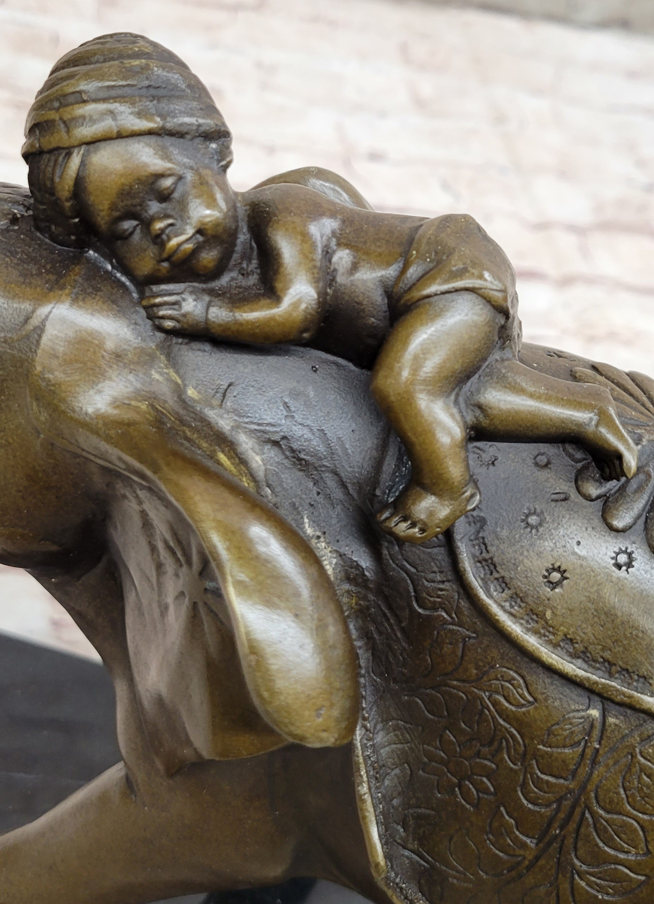 Boy Child Sleeping on Indian Elephant Bronze Statue Sculpture Decor on Marble Base