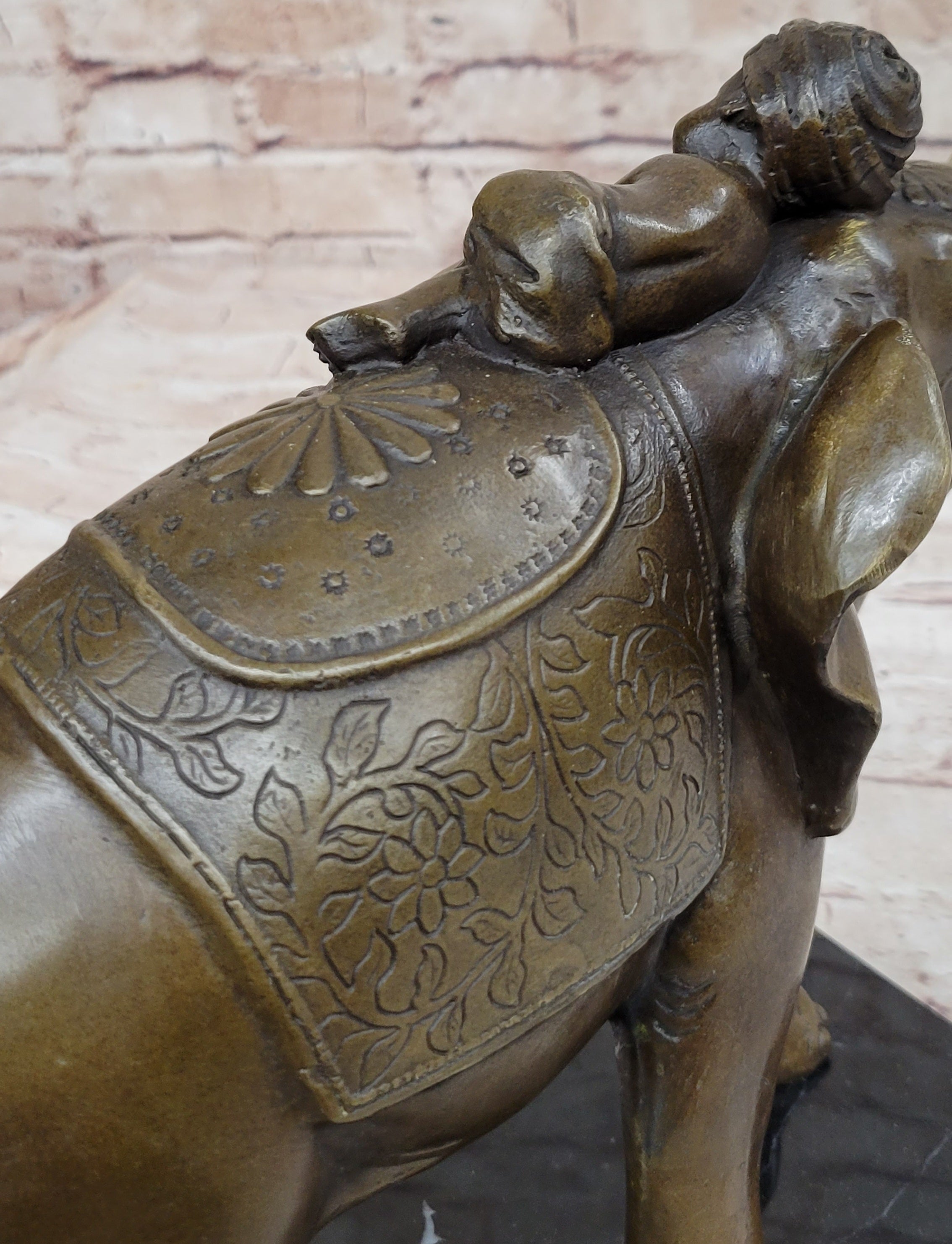 Boy Child Sleeping on Indian Elephant Bronze Statue Sculpture Decor on Marble Base