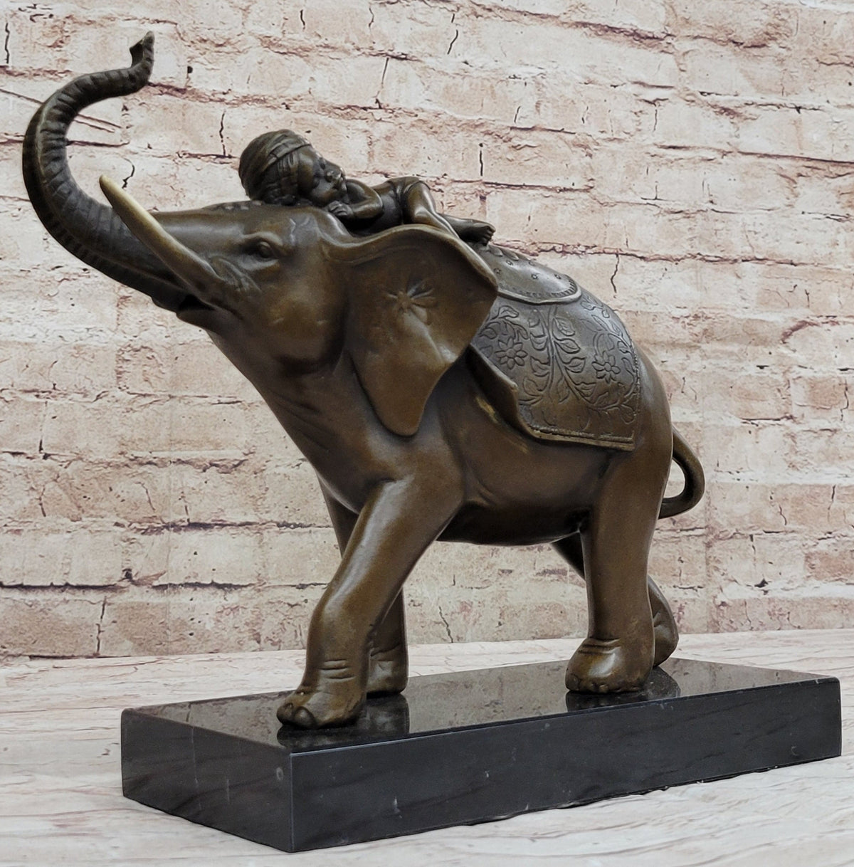 Boy Child Sleeping on Indian Elephant Bronze Statue Sculpture Decor on Marble Base