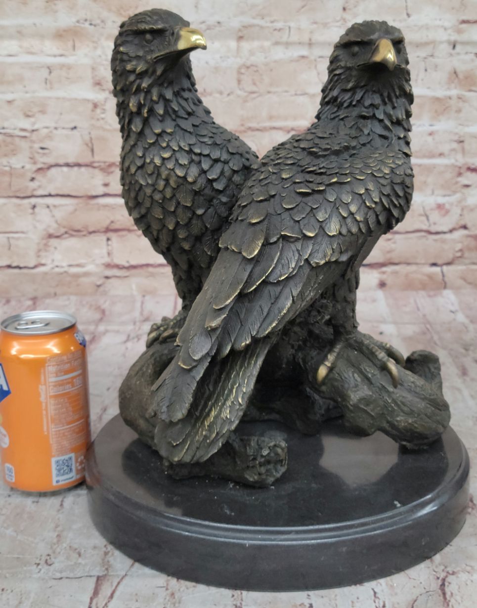 Two Juvenile American Bald Eagles Bronze Metal Statue Sculpture on Marble Base