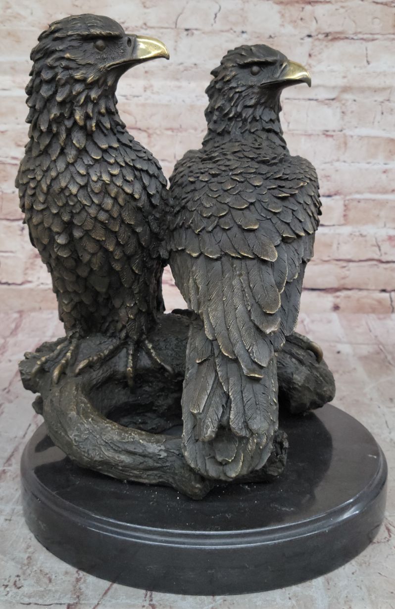 Two Juvenile American Bald Eagles Bronze Metal Statue Sculpture on Marble Base