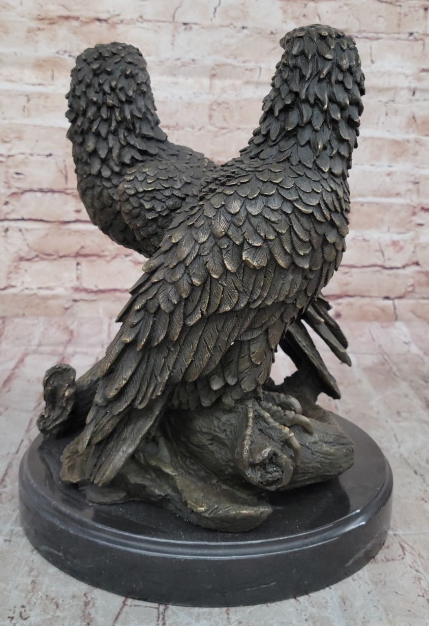 Two Juvenile American Bald Eagles Bronze Metal Statue Sculpture on Marble Base