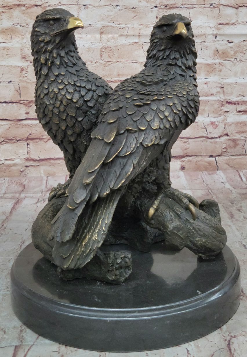 Two Juvenile American Bald Eagles Bronze Metal Statue Sculpture on Marble Base