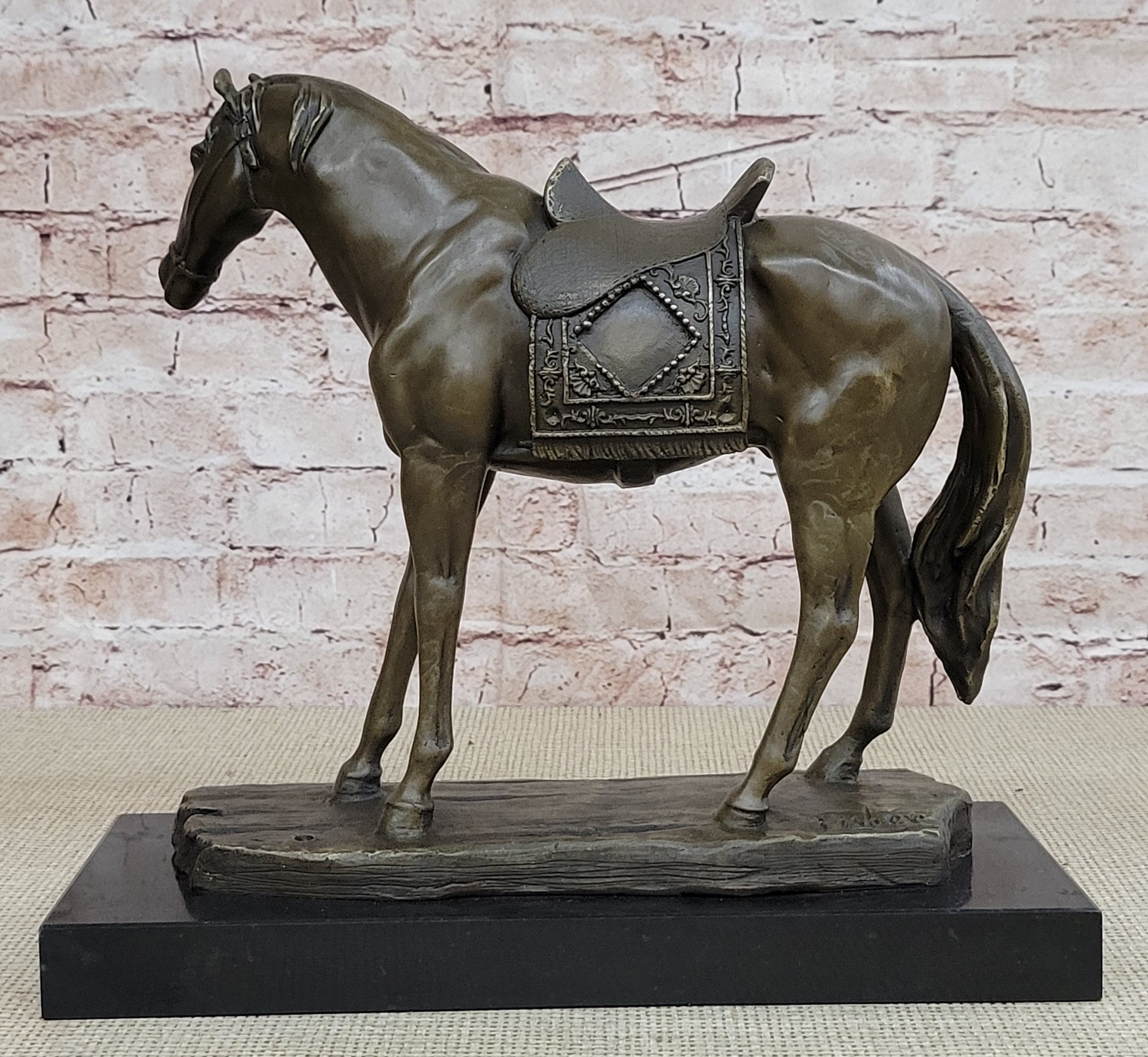 Large Original Loving Horse with his Saddle Western Cowboy Bronze Sculpture sale