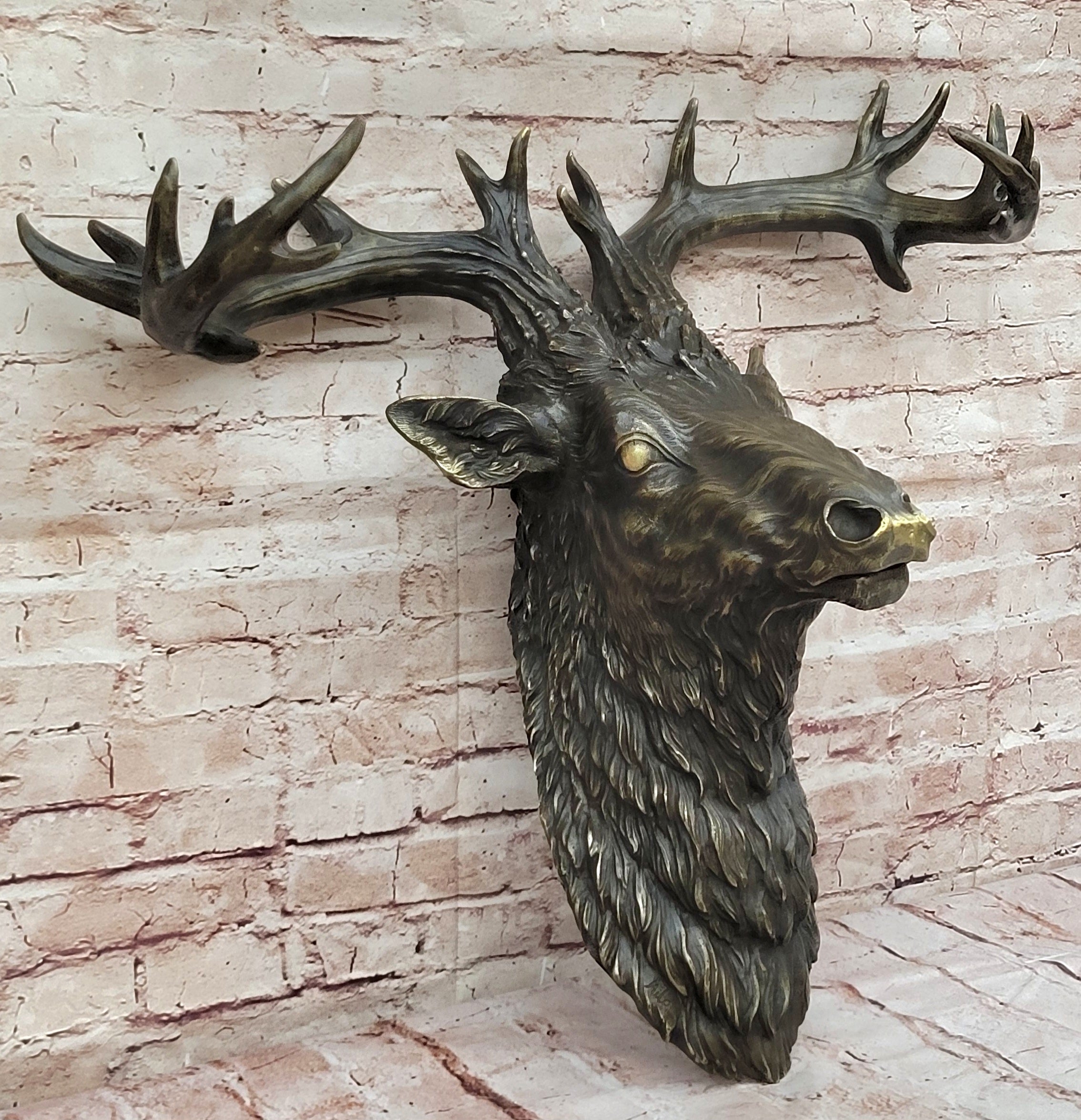 Hanging Wall Art Mounted Elk Deer Bust Head Stag Antlers Buck Bronze Sculpture